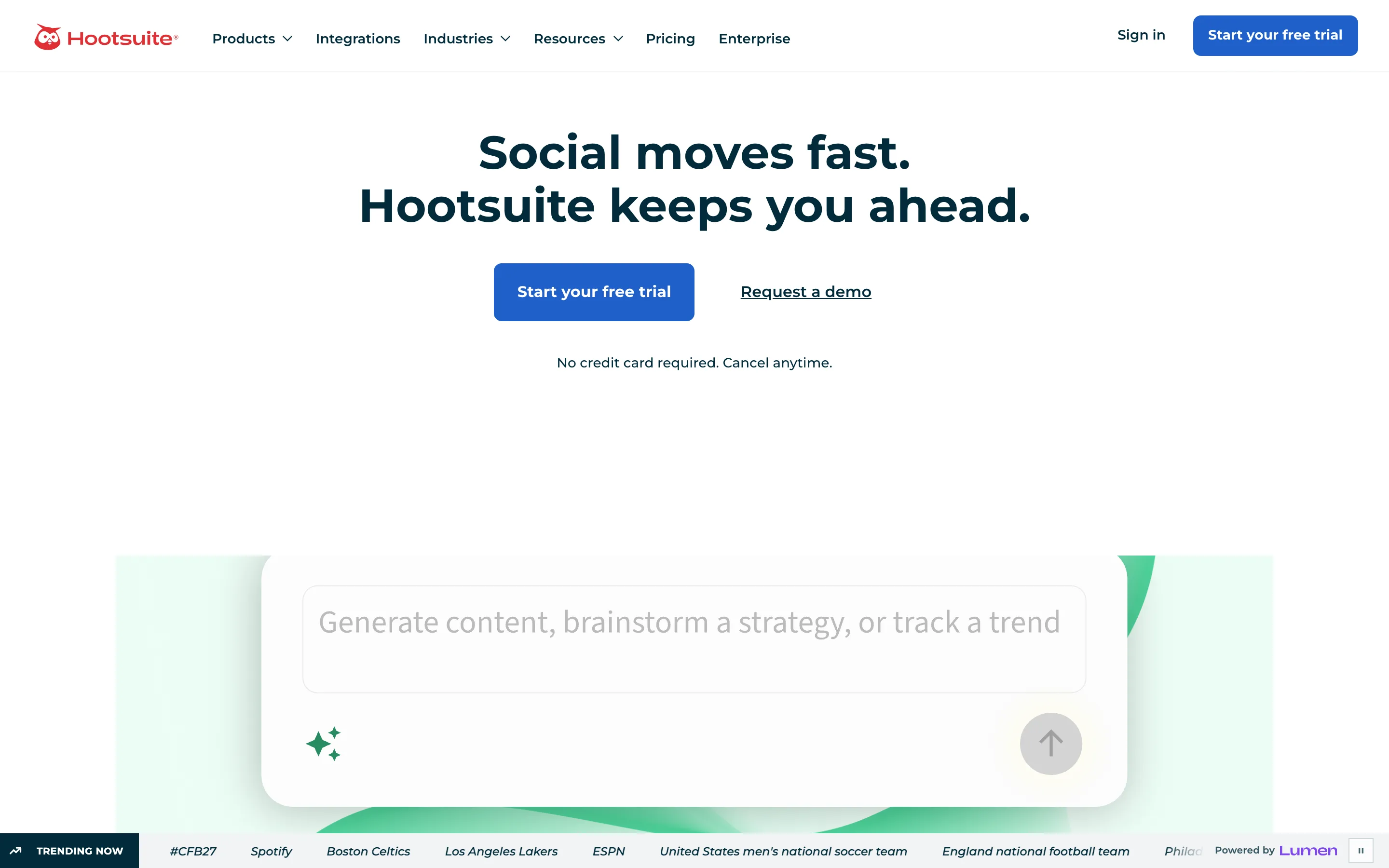Page d'accueil de Hootsuite, outil de programmation et de republication de posts sur les réseaux sociaux