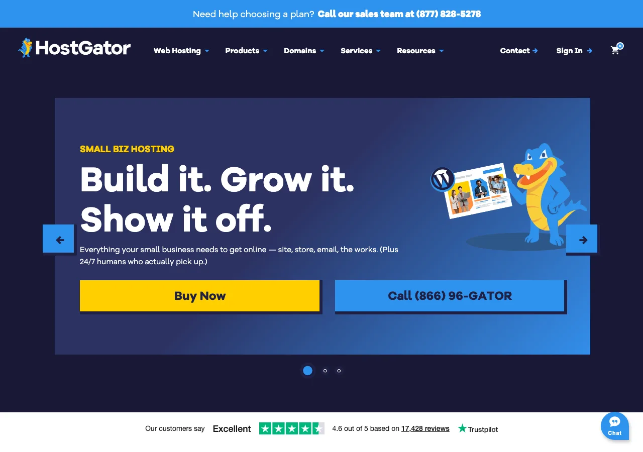 Page d'accueil de HostGator et ses offres d'hébergement pour petites entreprises