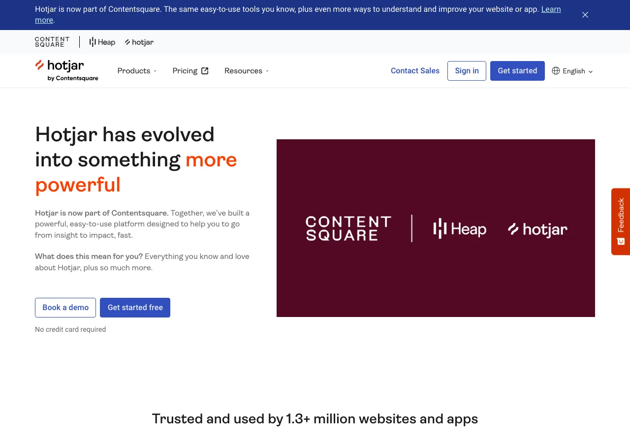 Page d'accueil de Hotjar, desormais rattache a Contentsquare : heatmaps, enregistrements de sessions et sondages