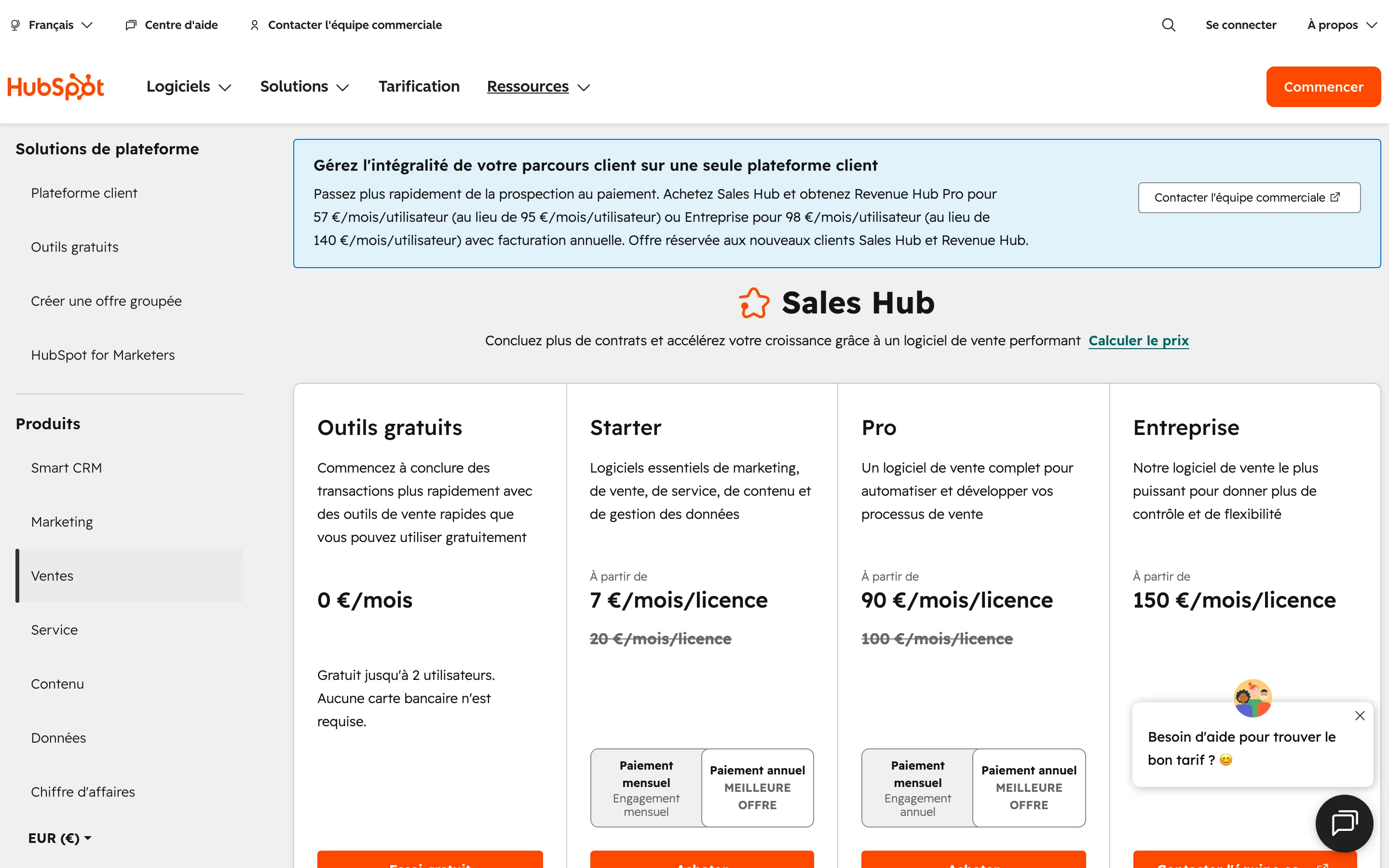 Page tarifs HubSpot Sales Hub relevée en juillet 2026