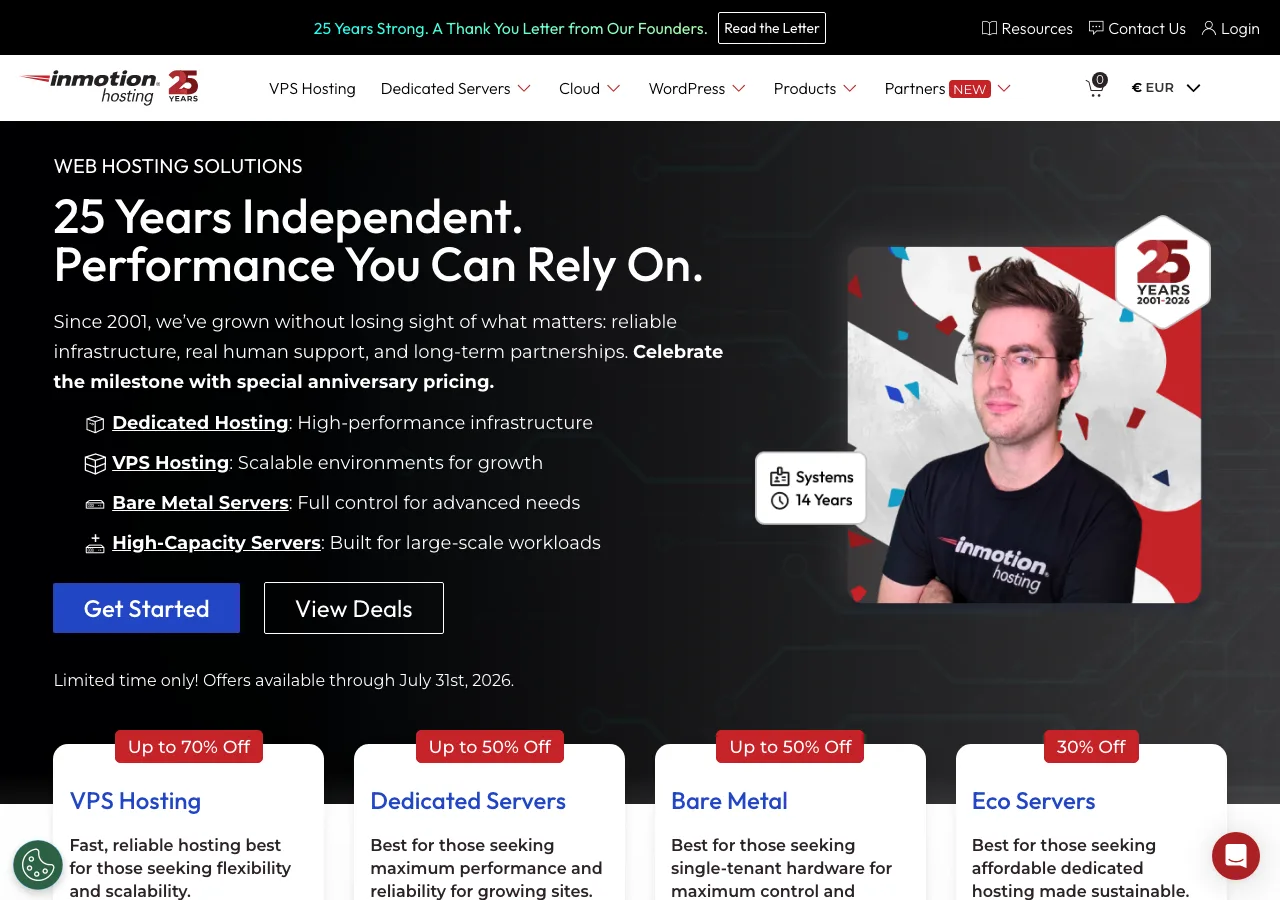 Page d'accueil d'InMotion Hosting et ses offres VPS, serveurs dédiés et hébergement WordPress