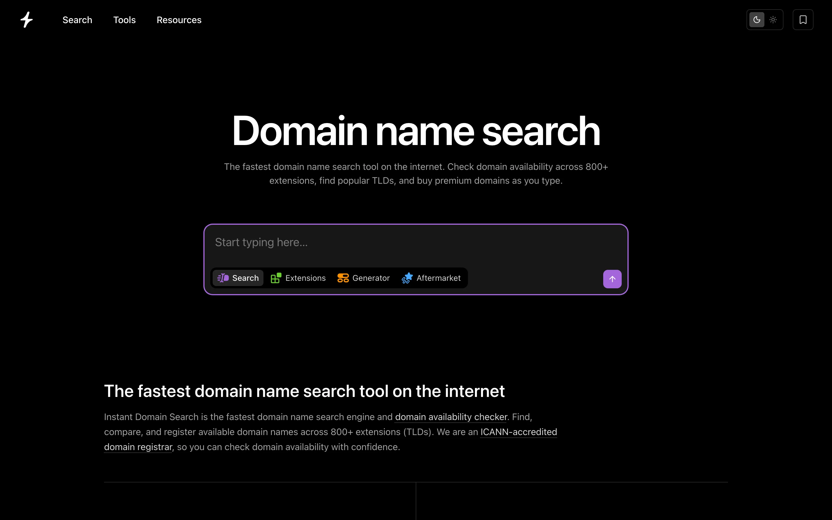 Page d’accueil d’Instant Domain Search, outil de vérification de disponibilité de nom de domaine, capture du 6 juillet 2026.