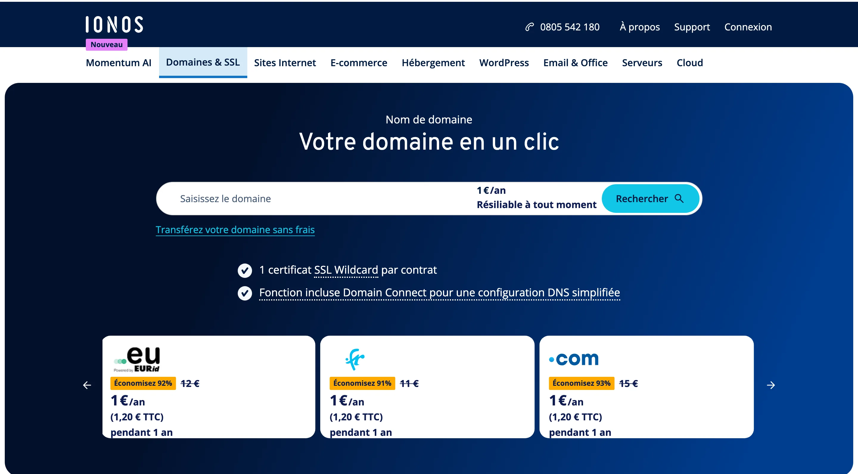 Offres de première année sur les noms de domaine IONOS, relevées en juillet 2026