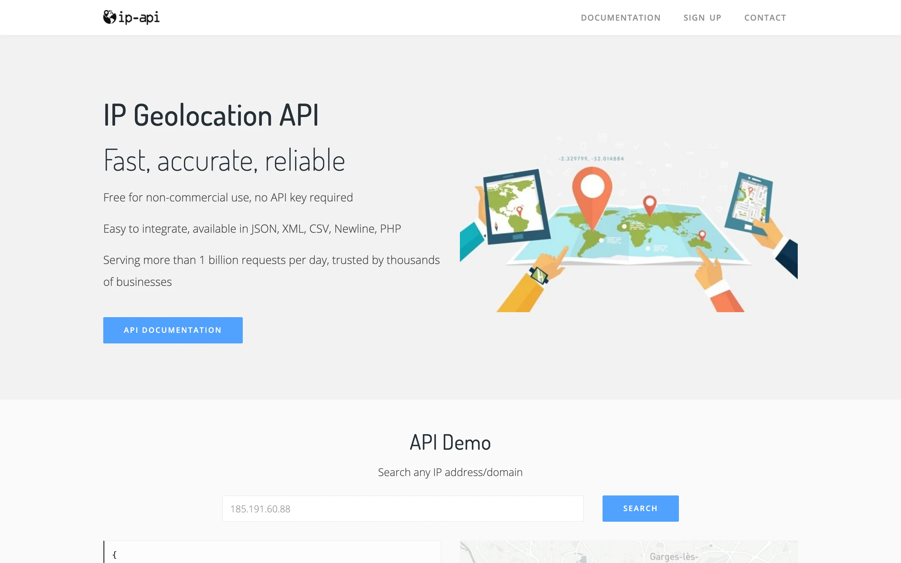 Page d'accueil de IP-API : API de géolocalisation gratuite, sans clé, en JSON