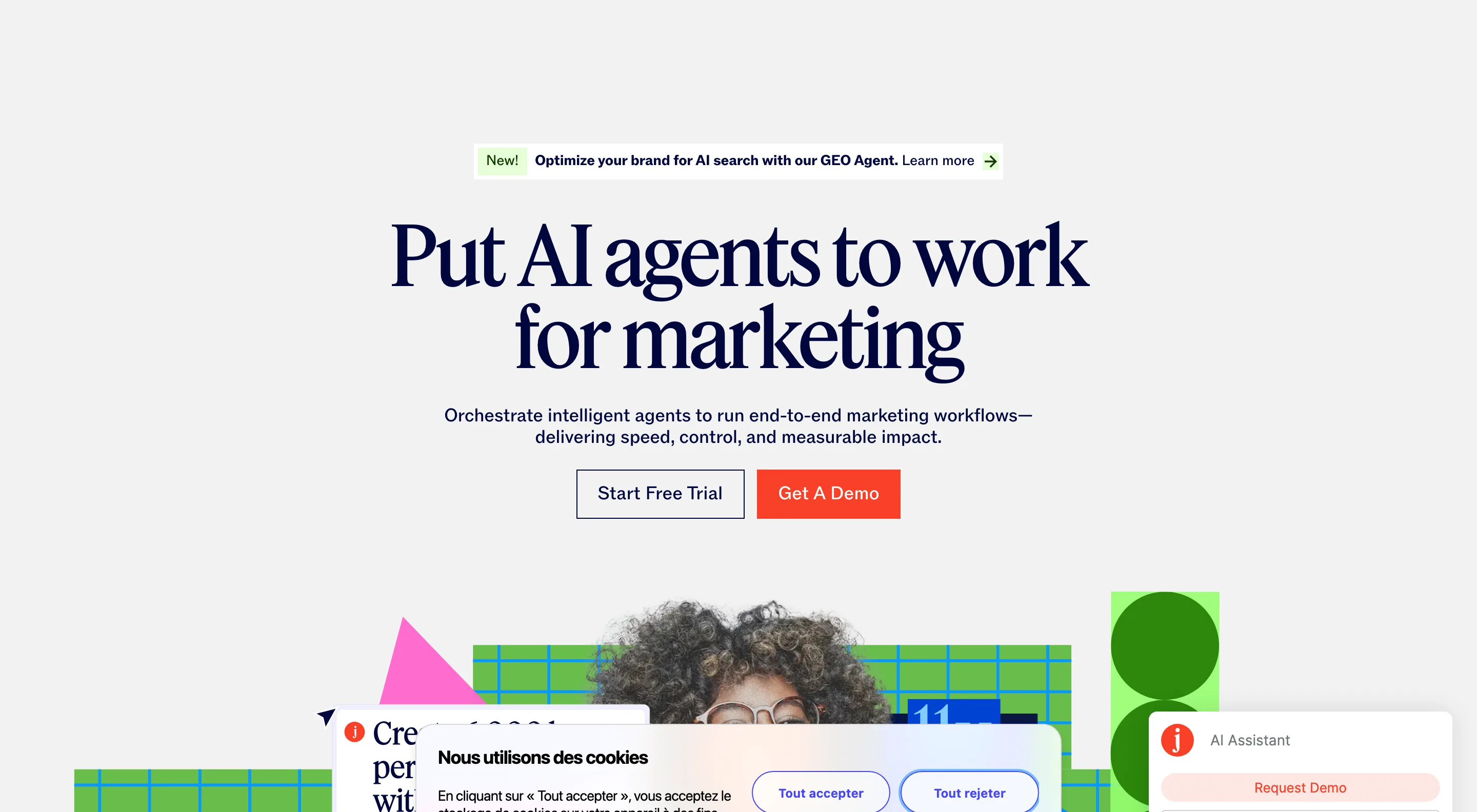 Page d'accueil de Jasper positionnée sur les agents IA pour le marketing, relevée en juillet 2026