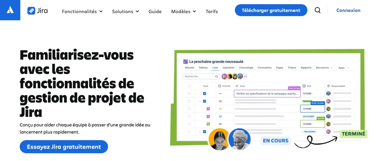 Page des fonctionnalités de gestion de projet de Jira avec aperçu de l'interface