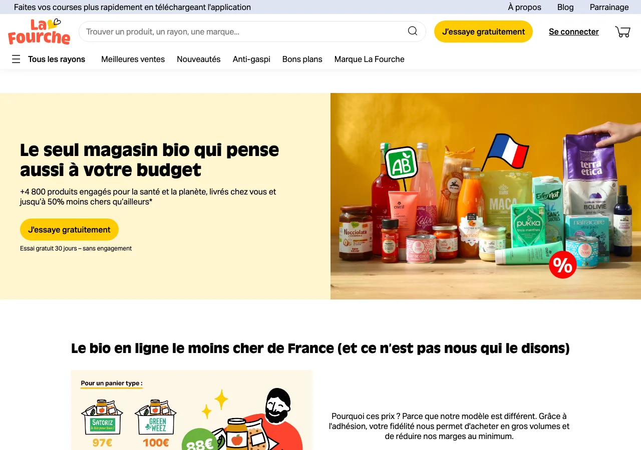 Page d'accueil de la boutique en ligne La Fourche : promesse de magasin bio accessible et visuels de produits engagés
