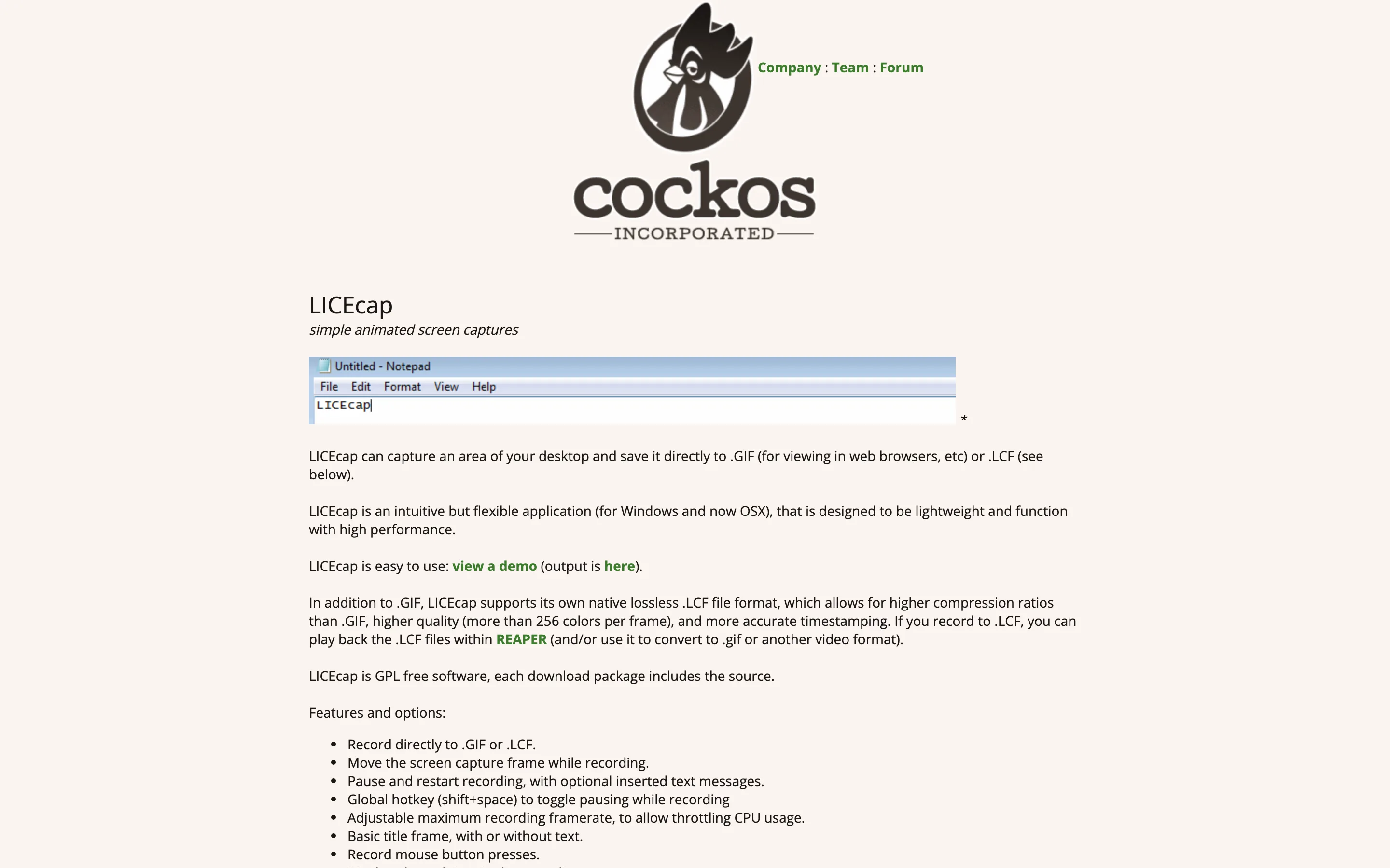 Page officielle du logiciel LICEcap de Cockos pour la capture d'écran animée