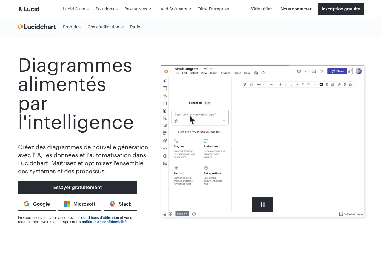 Page d'accueil française de Lucidchart, outil de création de diagrammes en ligne