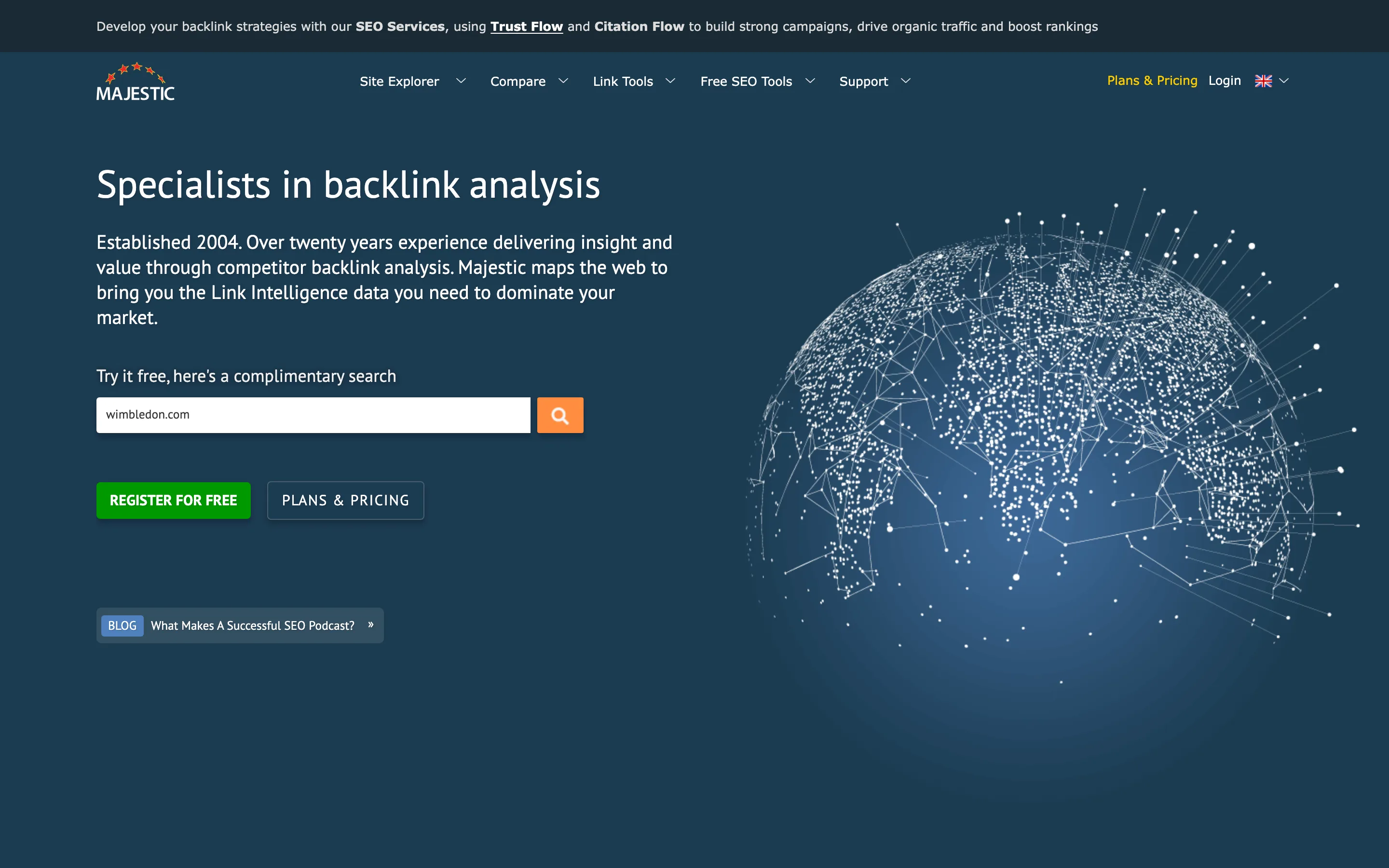 Page d'accueil de Majestic, outil d'analyse de backlinks Trust Flow et Citation Flow, capture du 07/07/2026