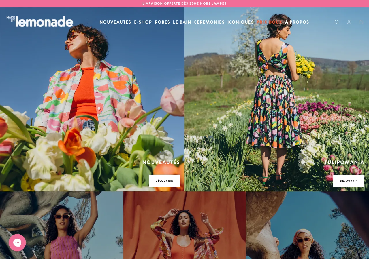 Page d'accueil de la boutique en ligne Make My Lemonade : visuels colorés plein écran fidèles à l'univers créatif de la marque