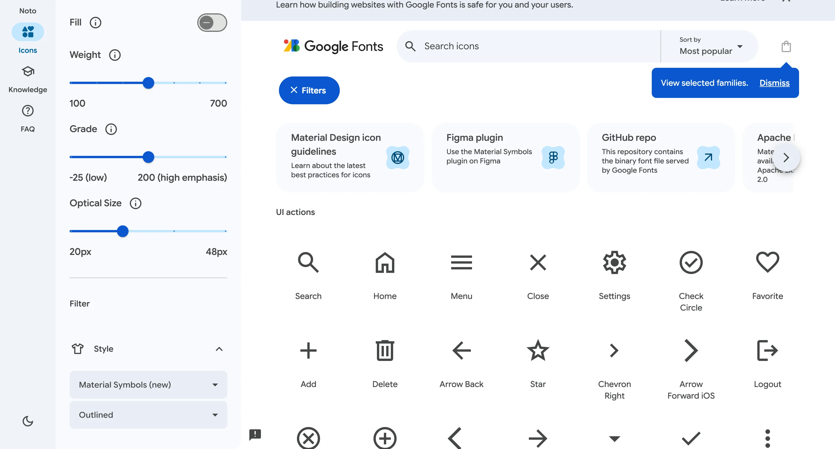 Bibliotheque Material Symbols de Google Fonts, page consultee le 6 juillet 2026