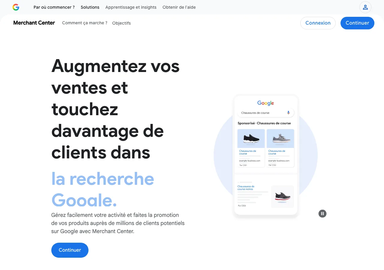 Page d'accueil de Google Merchant Center : augmentez vos ventes et touchez davantage de clients dans la recherche Google