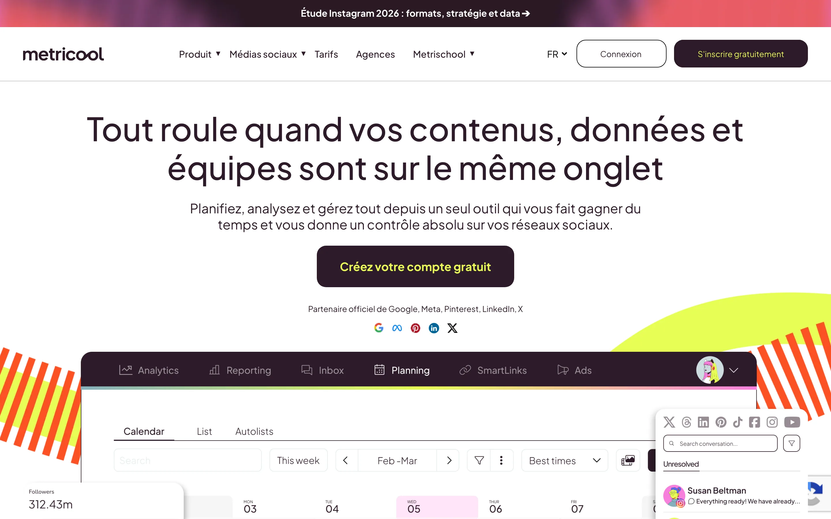 Page d'accueil de Metricool pour planifier, analyser et gérer ses réseaux sociaux