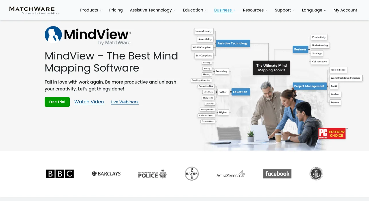 Site officiel de MindView, logiciel de mind mapping orienté gestion de projet