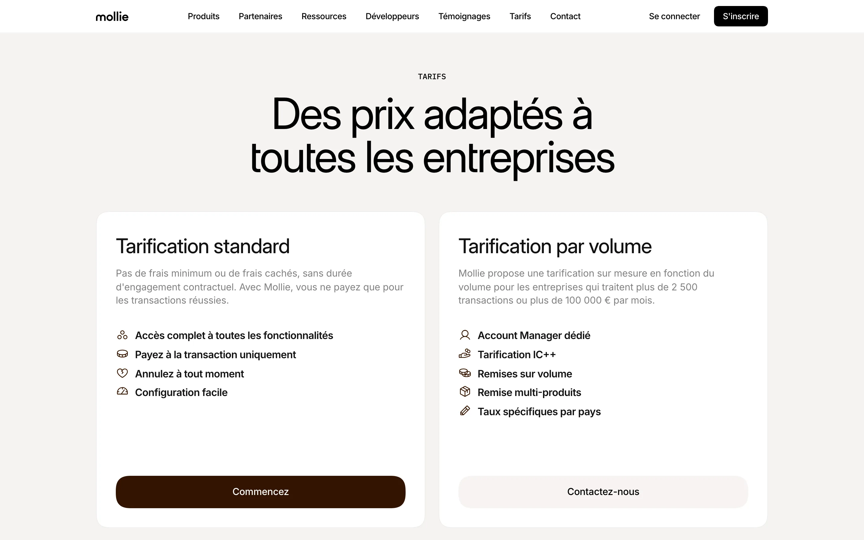 Page de tarification Mollie, modèle sans frais minimum, relevée en juillet 2026
