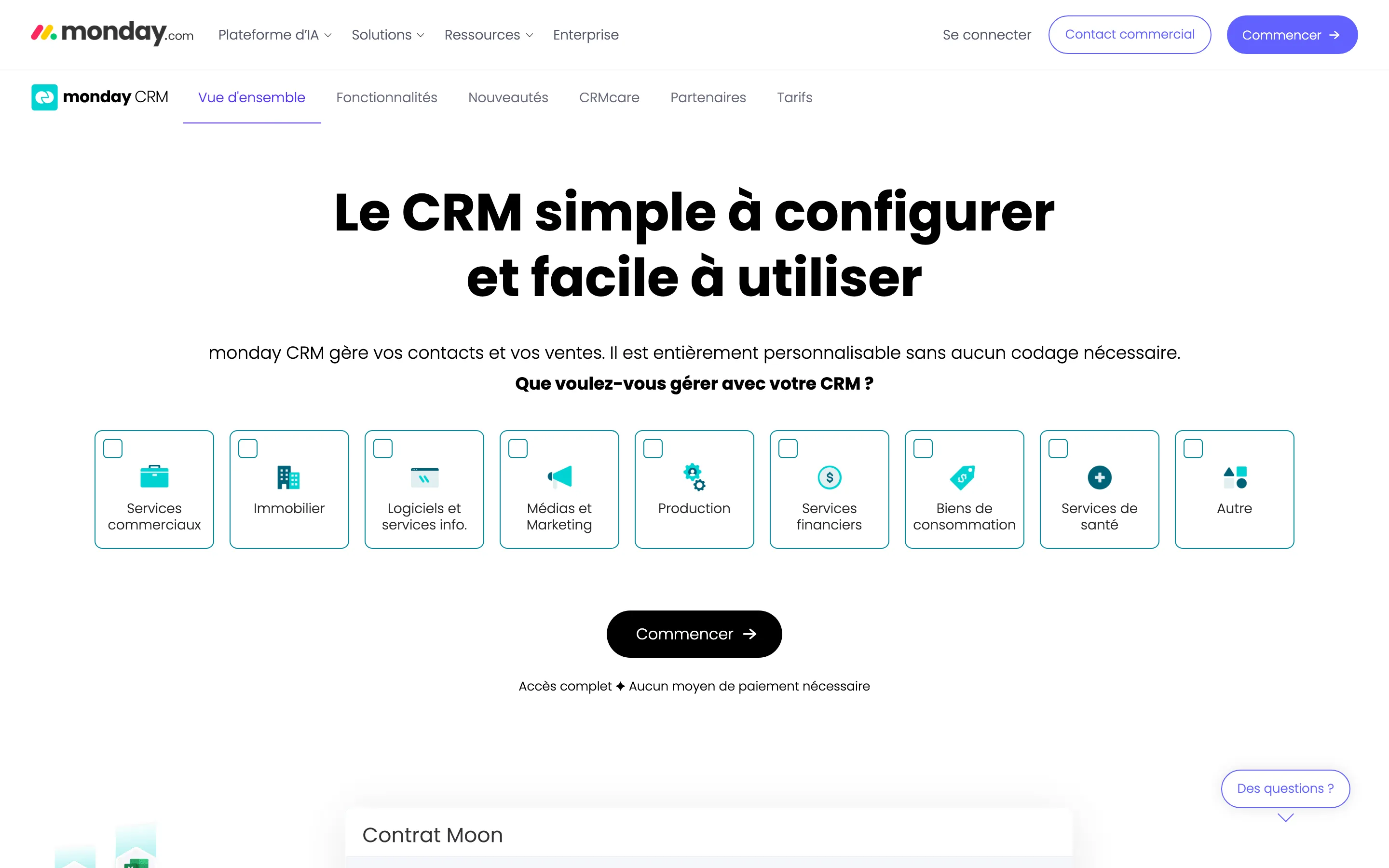 Page de présentation de monday CRM, mettant en avant un CRM simple à configurer et à utiliser