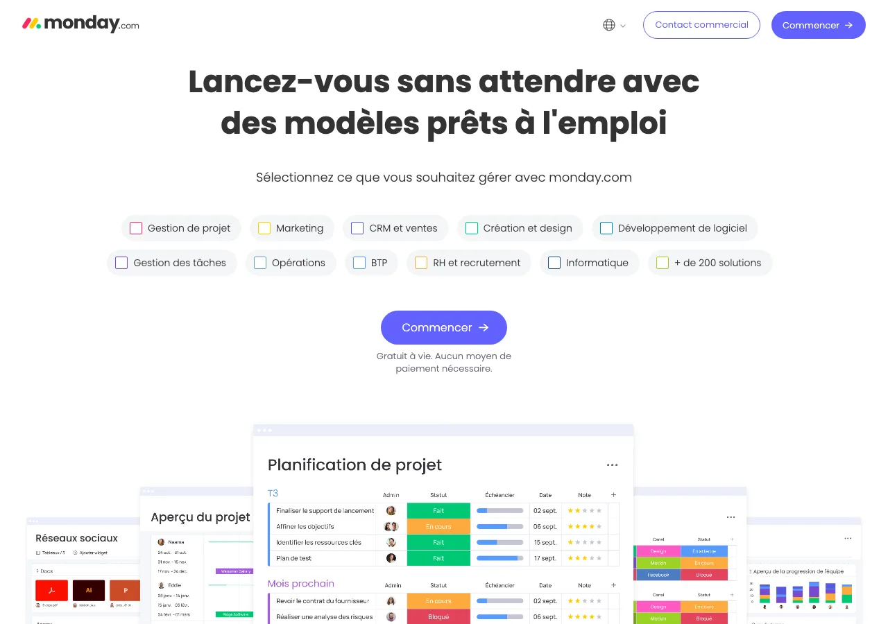 Galerie de modèles de planification de projet prêts à l'emploi sur monday.com