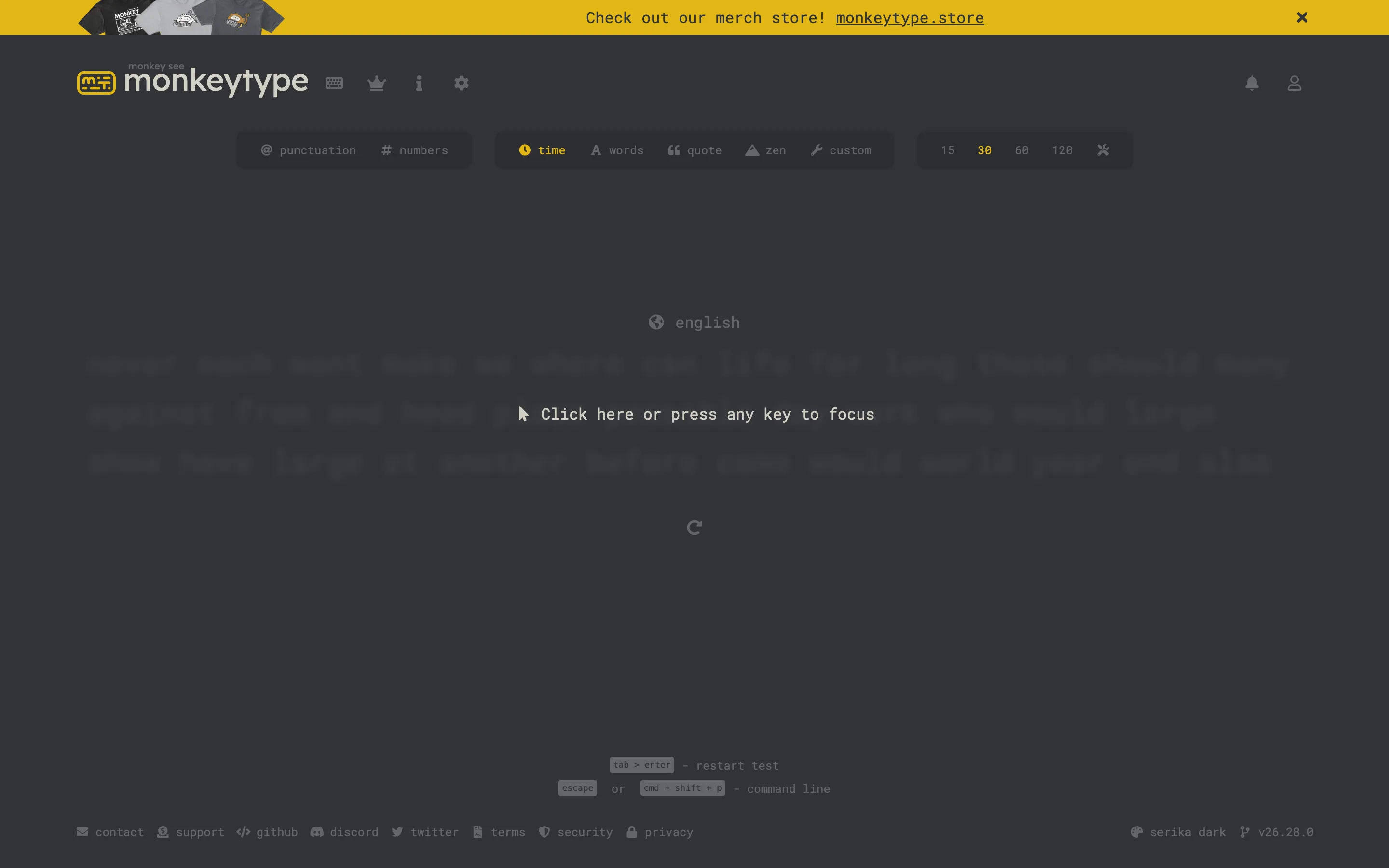 Test de dactylographie Monkeytype consulte le 6 juillet 2026