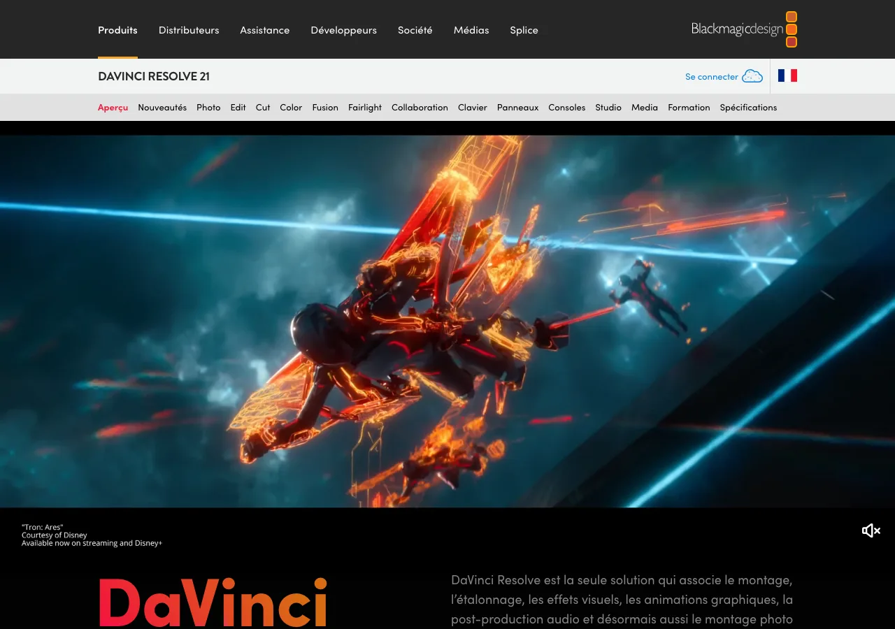 Page DaVinci Resolve de Blackmagic Design, logiciel de montage professionnel gratuit