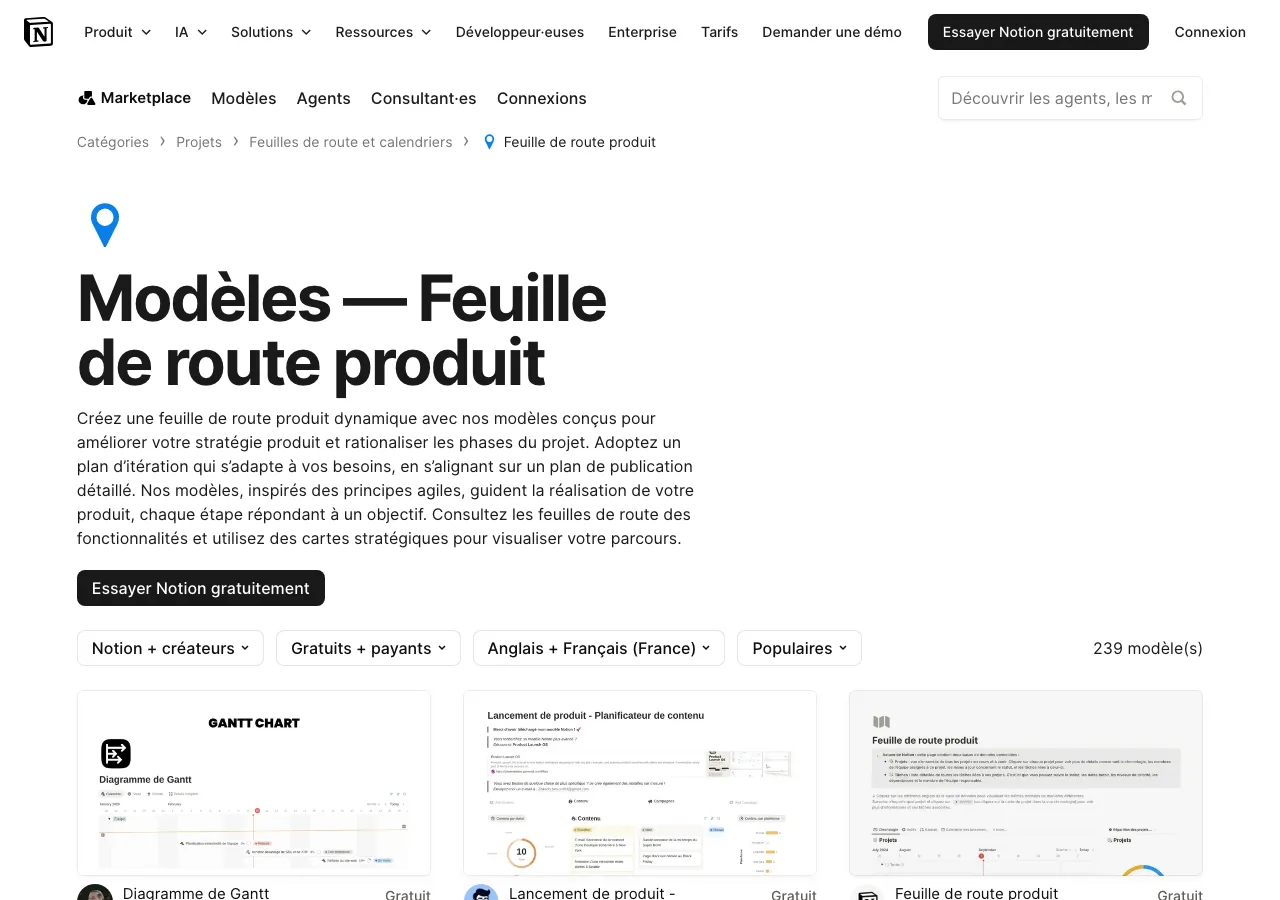 Galerie de modèles de feuille de route produit sur Notion
