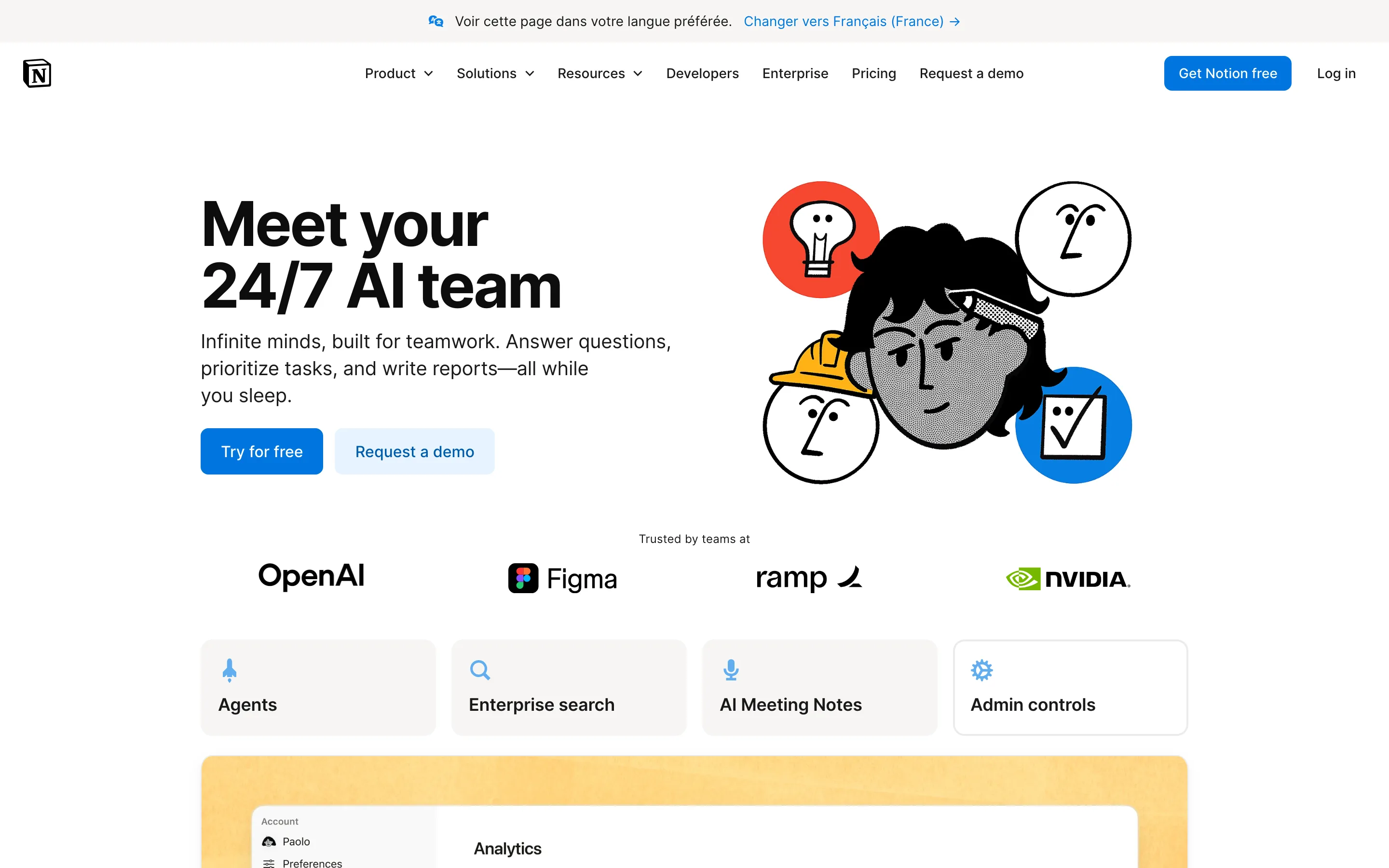 Page produit de Notion AI intégré à l'espace de travail Notion, relevée en juillet 2026