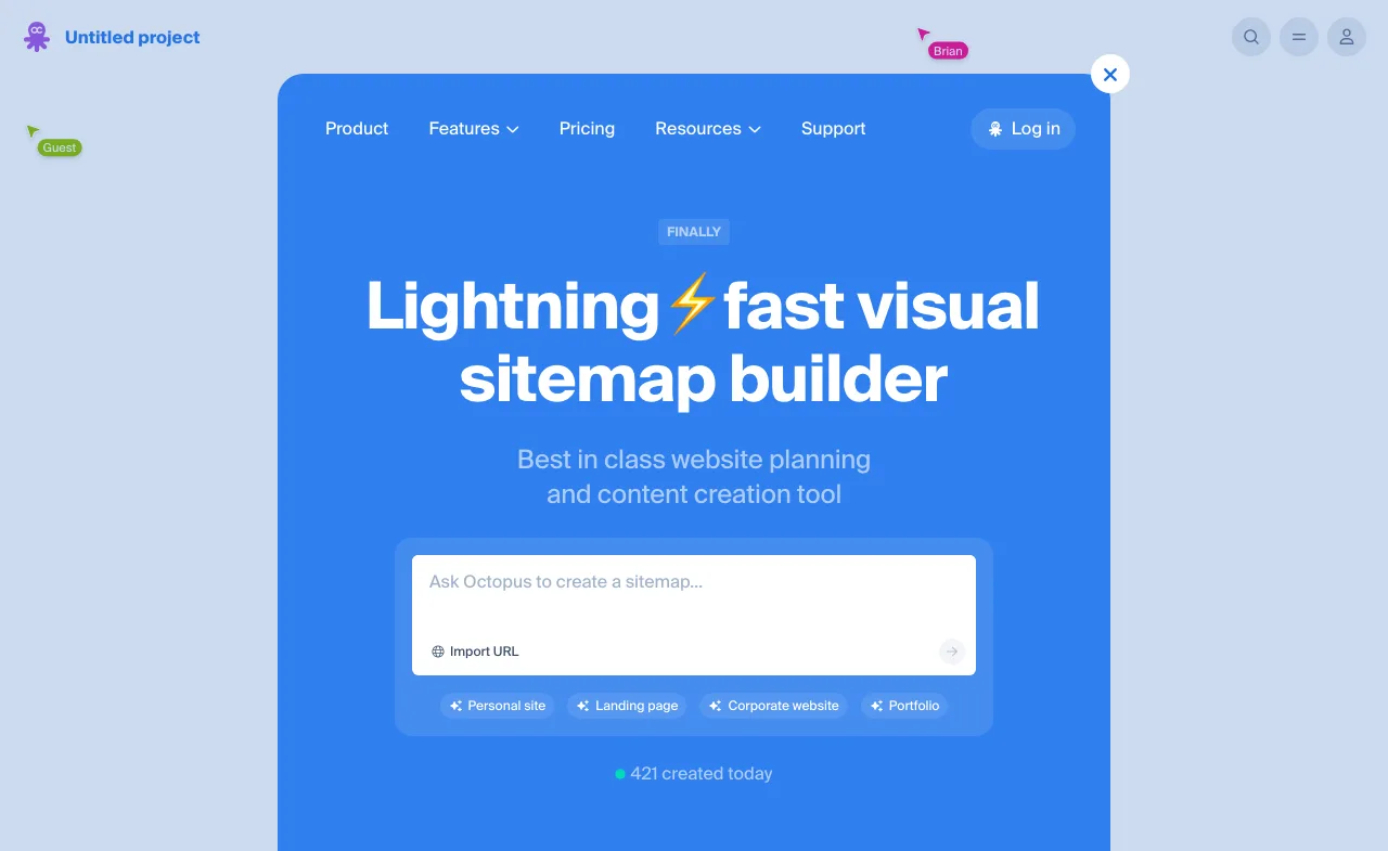 Interface d'Octopus.do, outil visuel de création de sitemap et d'arborescence
