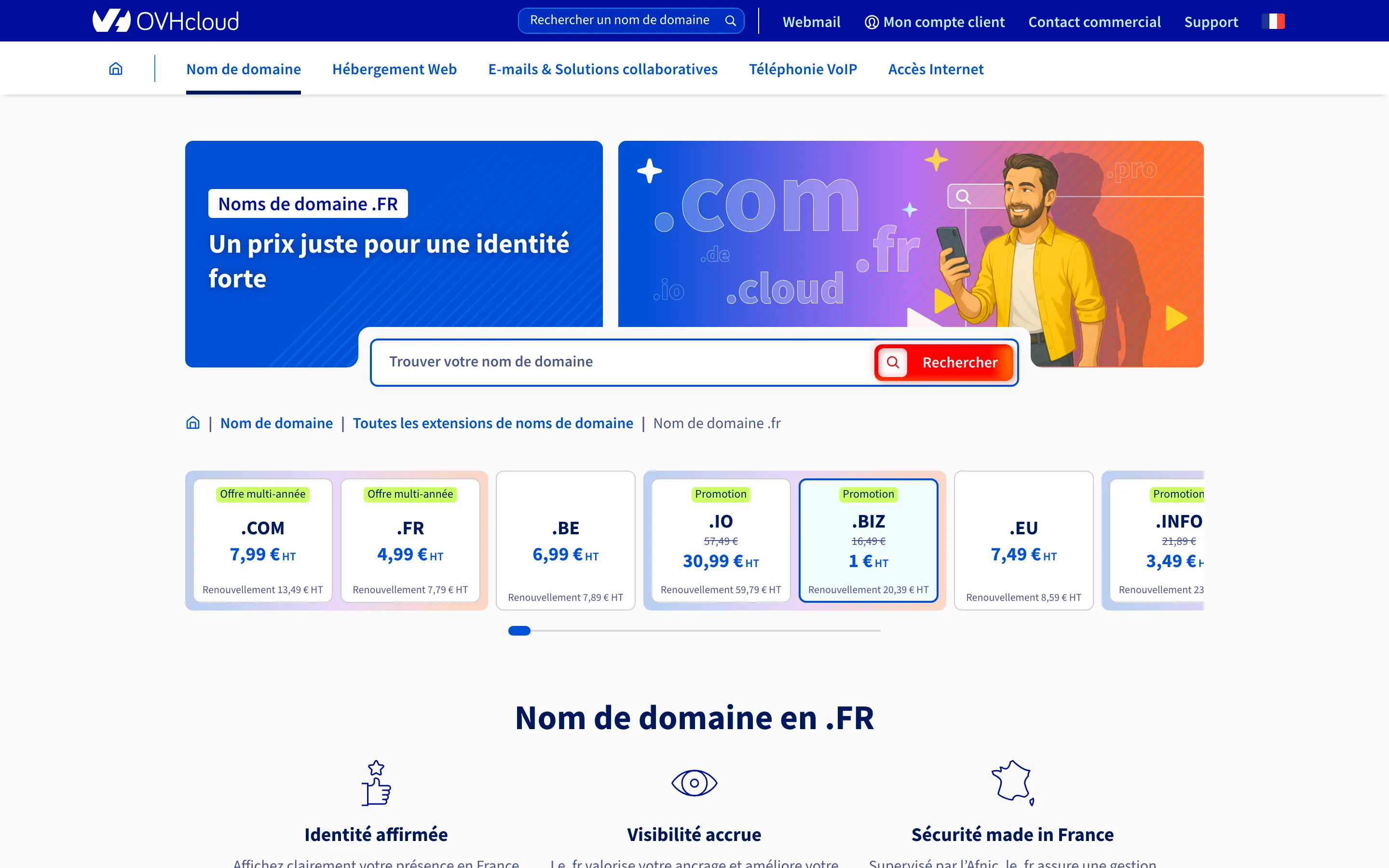 Grille des prix des extensions de noms de domaine sur OVHcloud, relevée en juillet 2026
