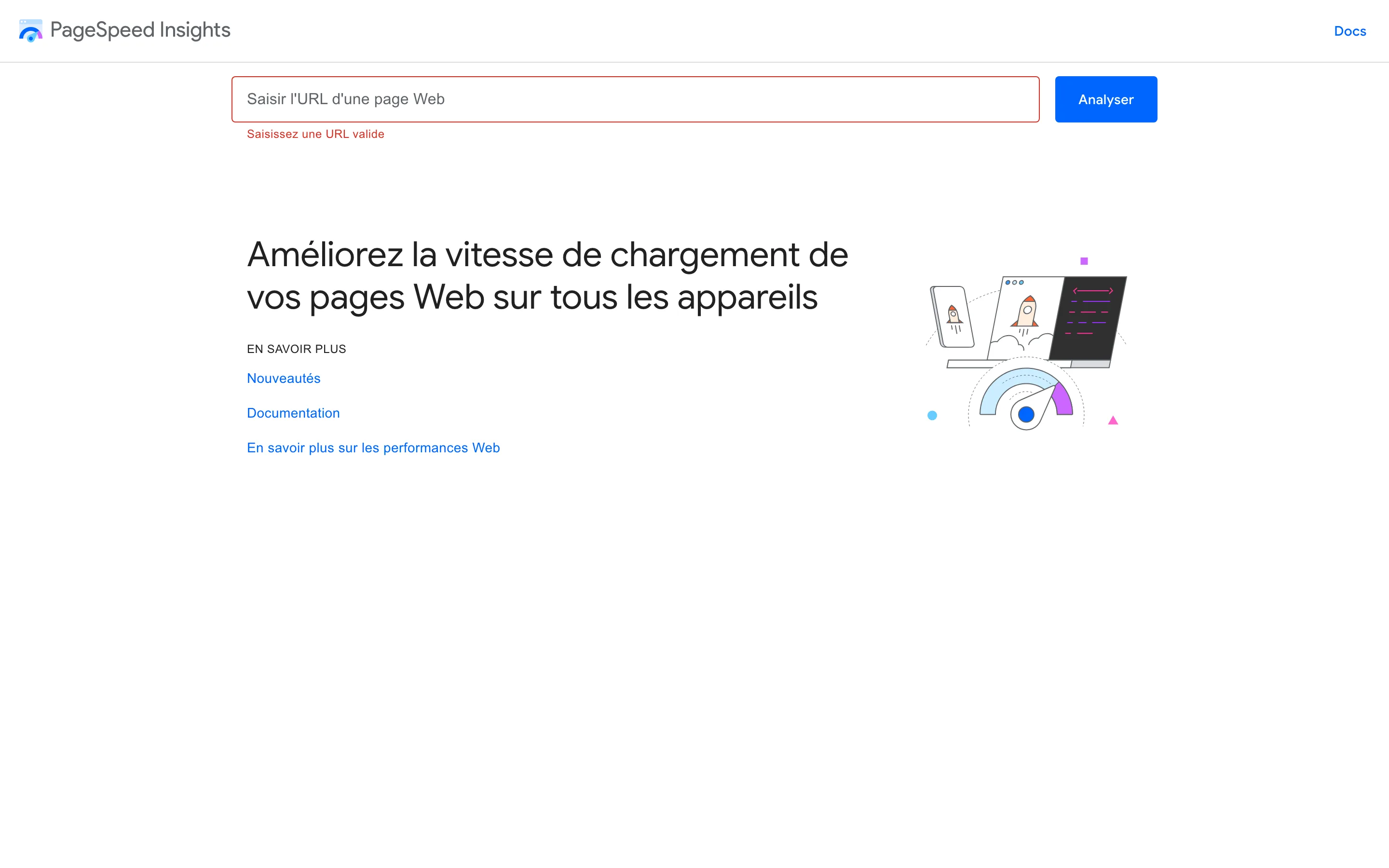 Interface de Google PageSpeed Insights pour analyser la vitesse d'une page, capture réalisée en juillet 2026