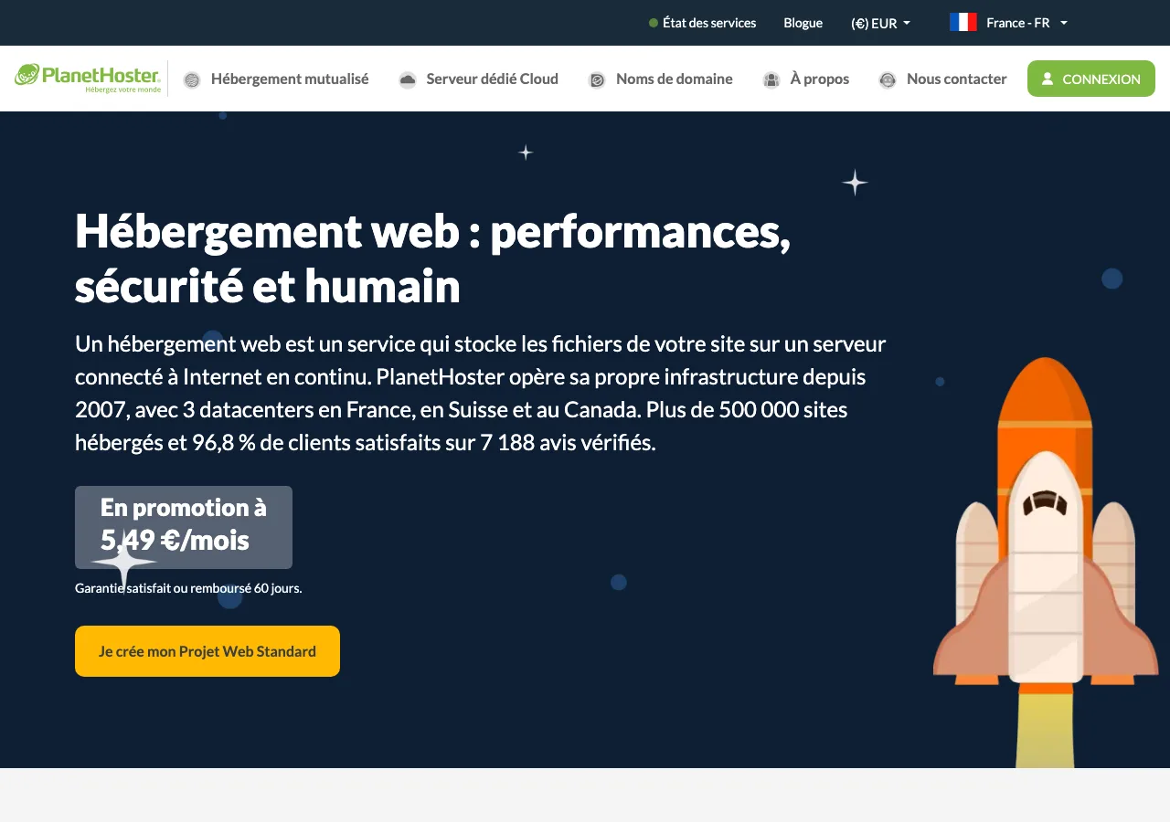 Page d'accueil de PlanetHoster en juillet 2026 avec l'offre d'hébergement web en promotion à 5,49 euros par mois