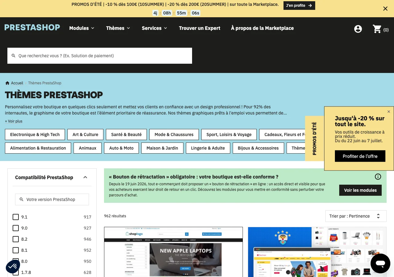 Catalogue de thèmes PrestaShop sur la marketplace officielle Addons, avec des prix affichés de 83,99 à 139,99 euros en juillet 2026