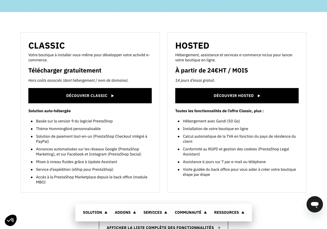 Comparatif des offres PrestaShop en juillet 2026 : Classic en téléchargement gratuit et Hosted à partir de 24 euros HT par mois