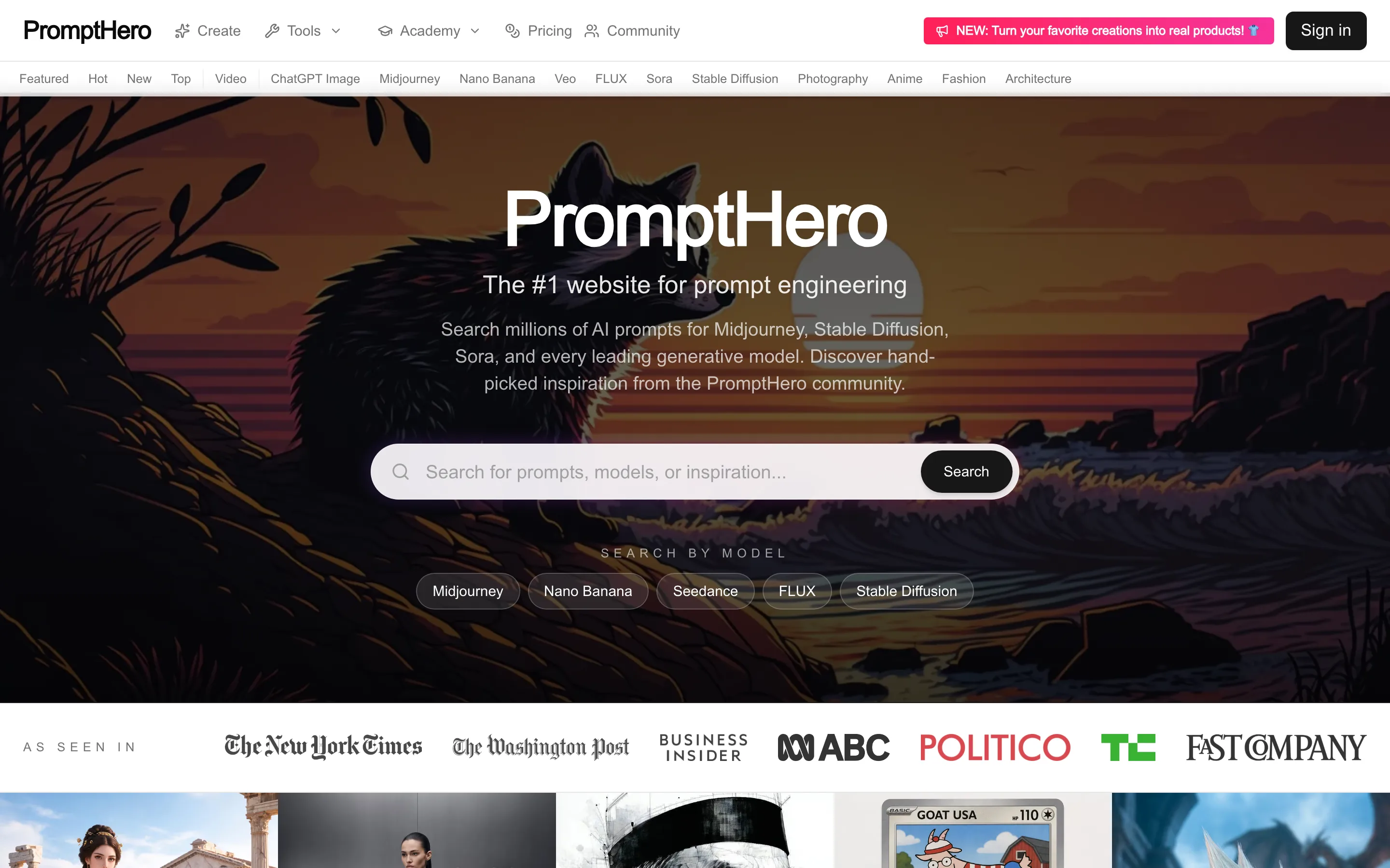 Page d'accueil de PromptHero, moteur de recherche de prompts pour Midjourney et Stable Diffusion.