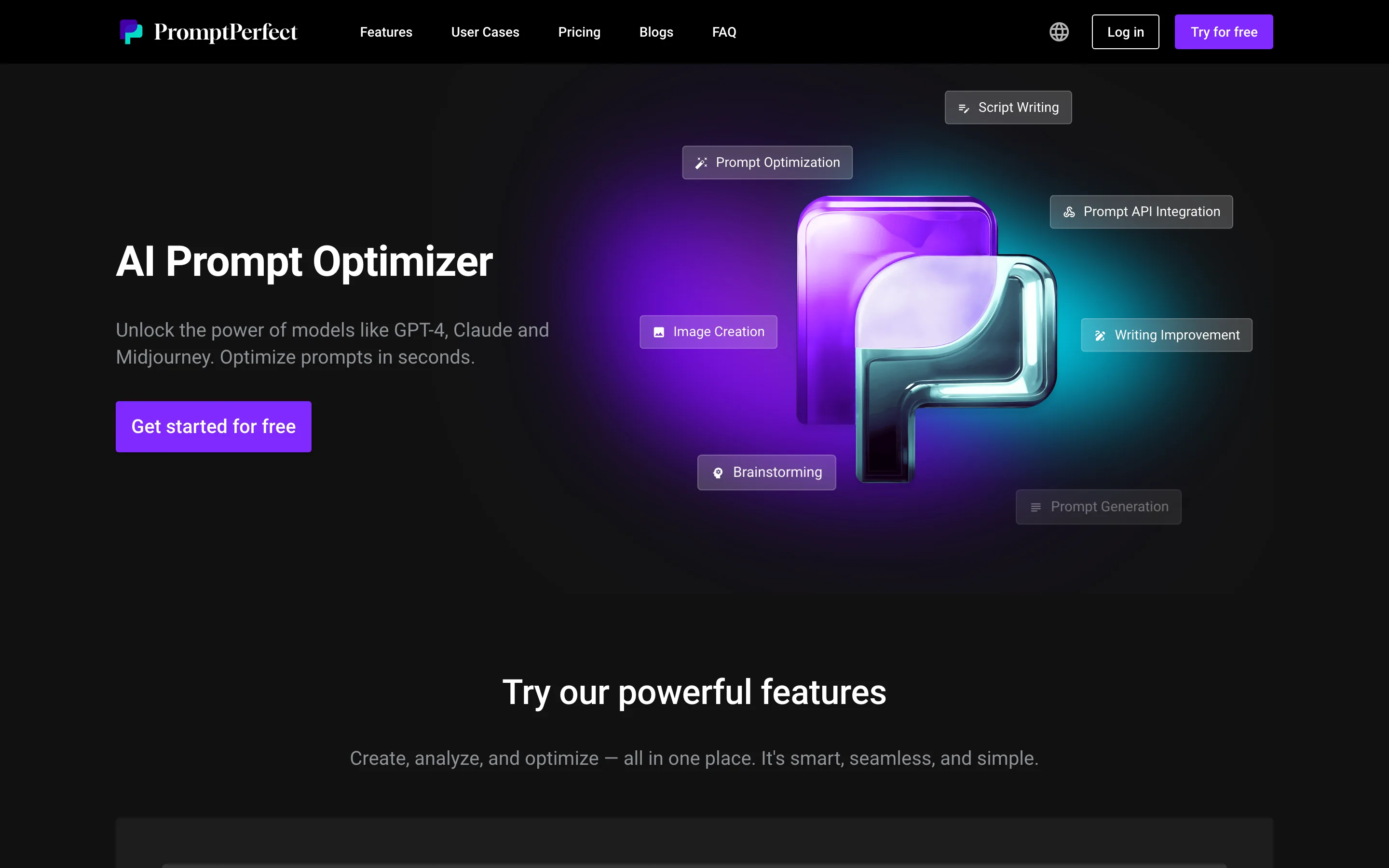 Page d'accueil de PromptPerfect, optimiseur de prompts compatible avec les modèles GPT, Claude et Midjourney.