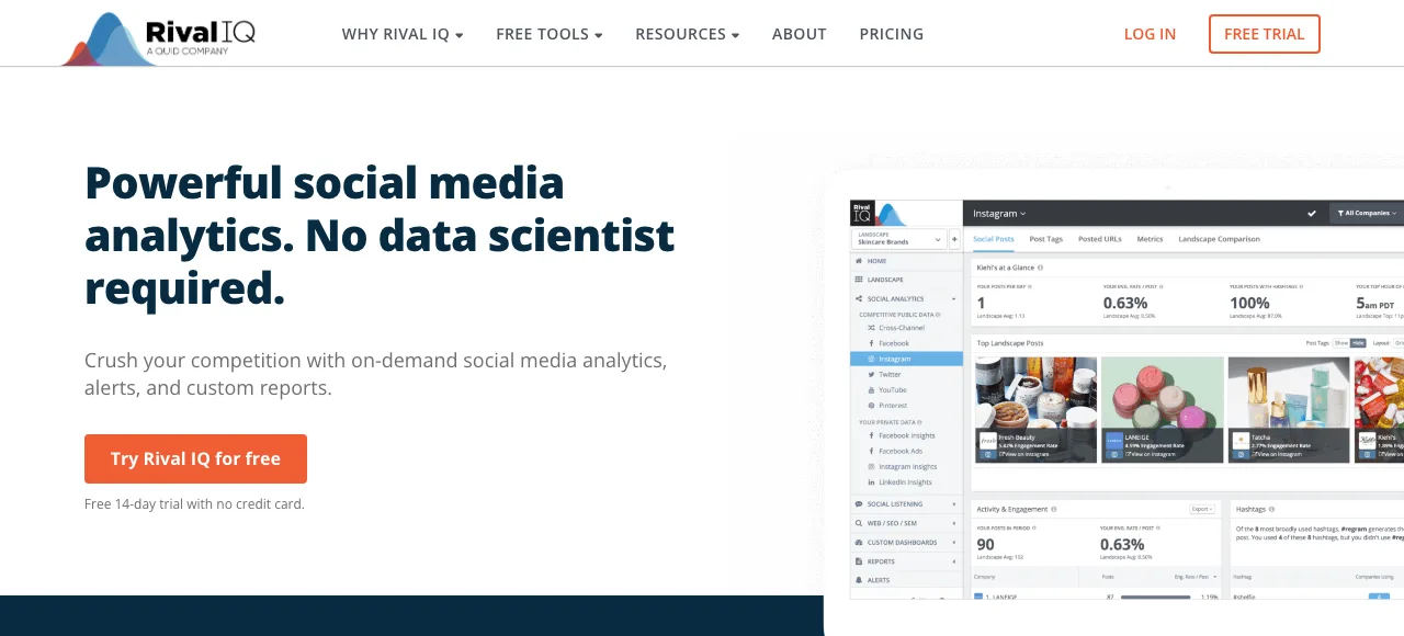 Page d'accueil de Rival IQ, outil d'analyse comparative des performances social media