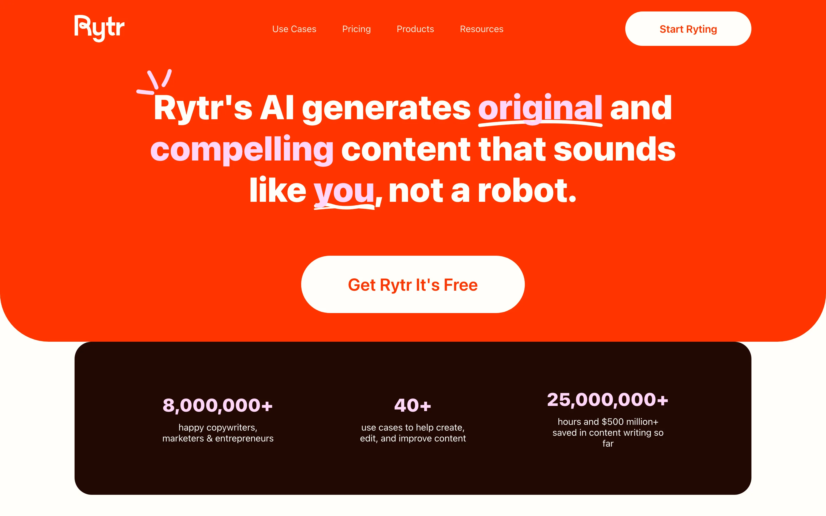 Page d'accueil de Rytr, assistant de rédaction IA à petit budget, relevée en juillet 2026