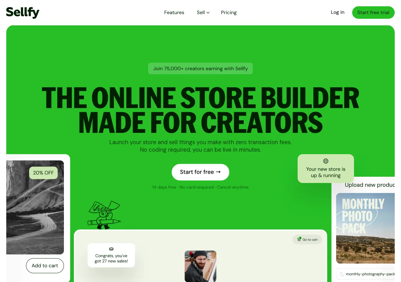 Page d'accueil de Sellfy, constructeur de boutique en ligne pour créateurs, sans commission sur les ventes