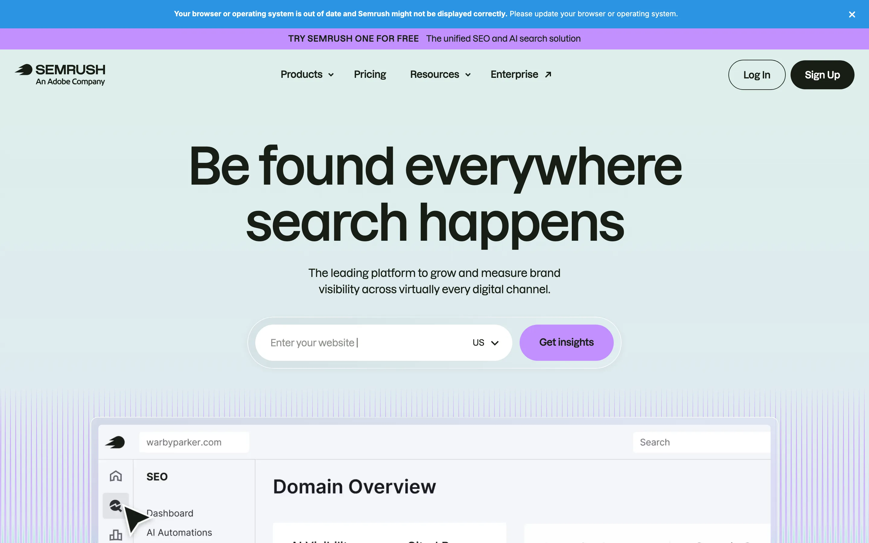 Page d'accueil de Semrush, outil d'analyse SEO et concurrentielle, capture du 06/07/2026.