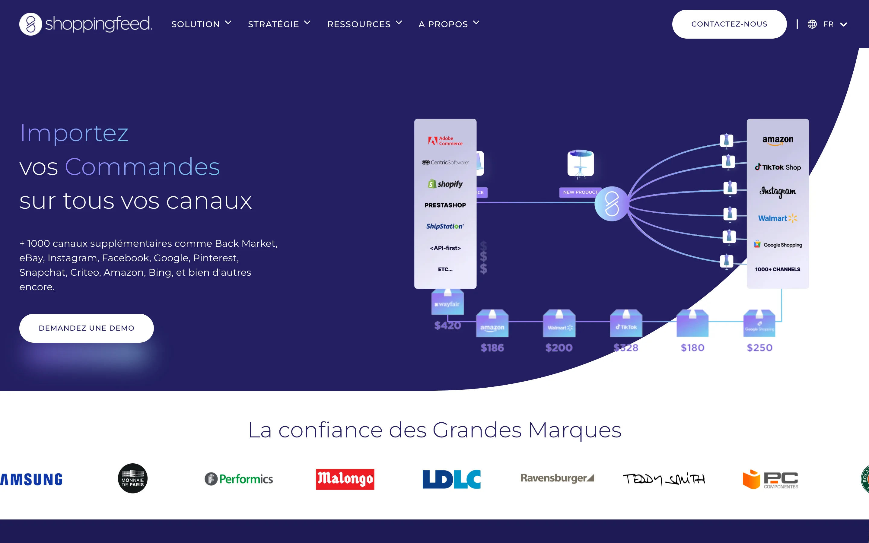 Page d'accueil de Shoppingfeed, connecteur pour importer ses commandes sur plus de 1000 canaux, capturée le 07/07/2026.
