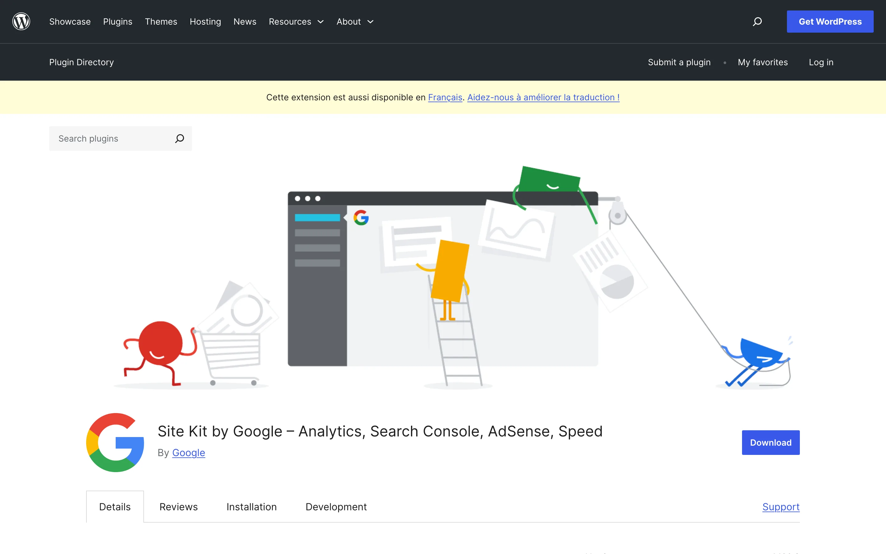 Page de l'extension officielle Site Kit by Google sur le répertoire WordPress.org