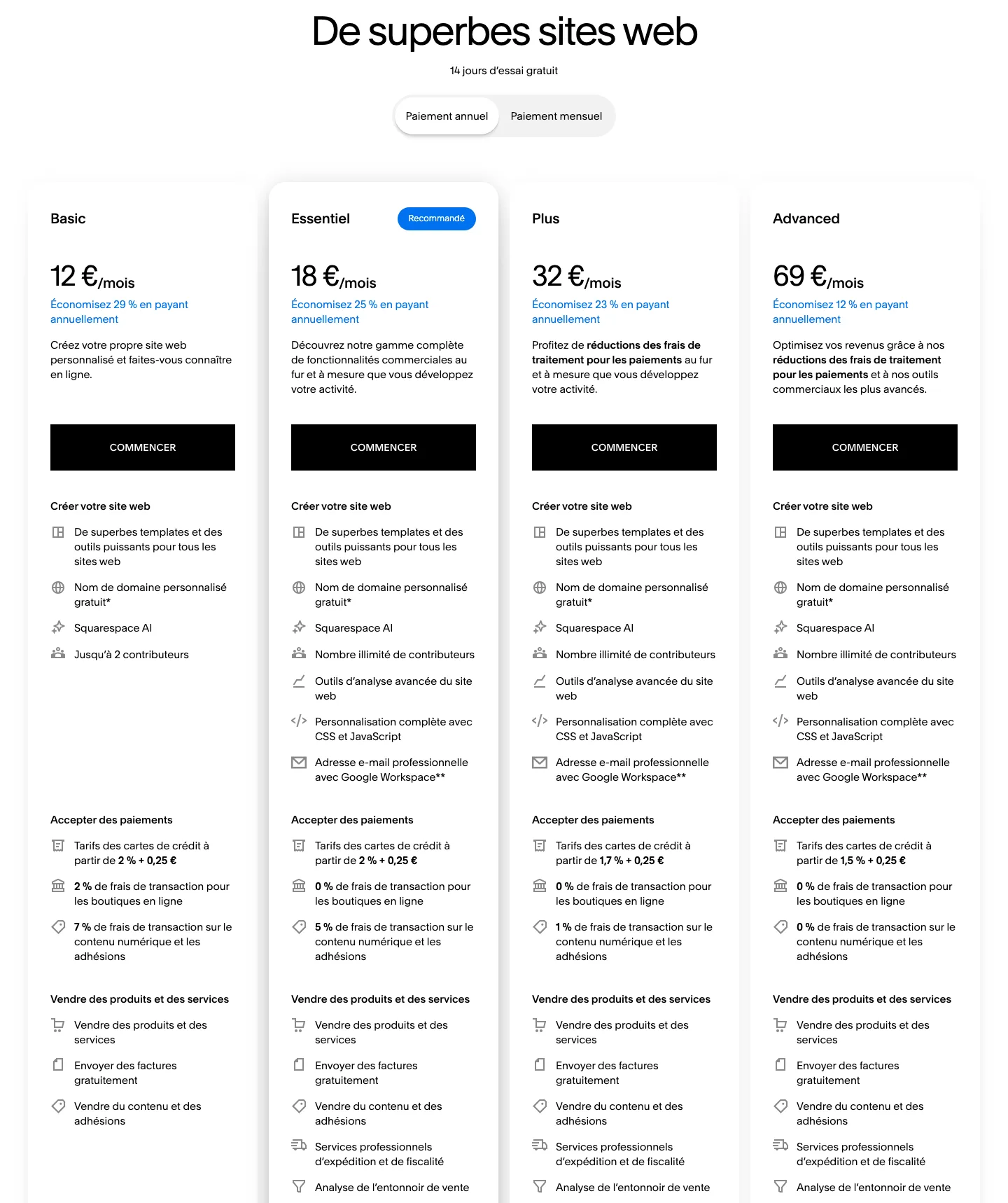 Page officielle des tarifs Squarespace en juillet 2026 avec les forfaits Basic, Essentiel, Plus et Advanced