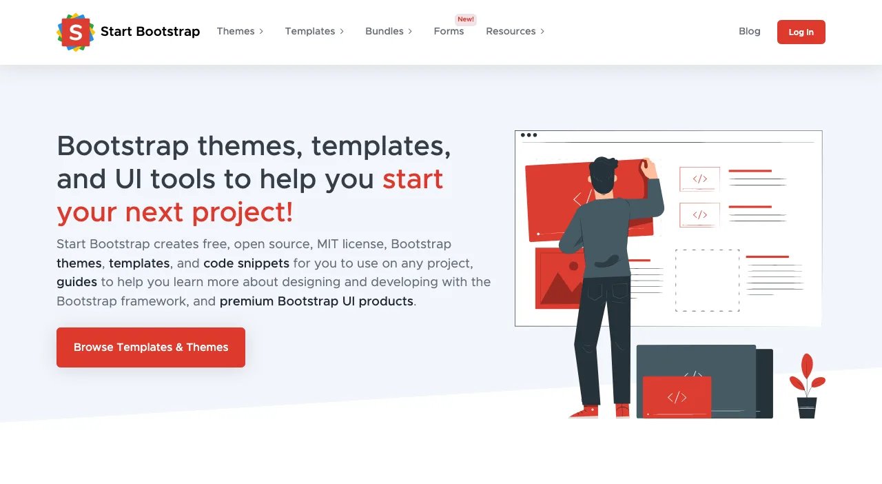 Page d'accueil de Start Bootstrap, plateforme de thèmes et templates Bootstrap gratuits open source sous licence MIT