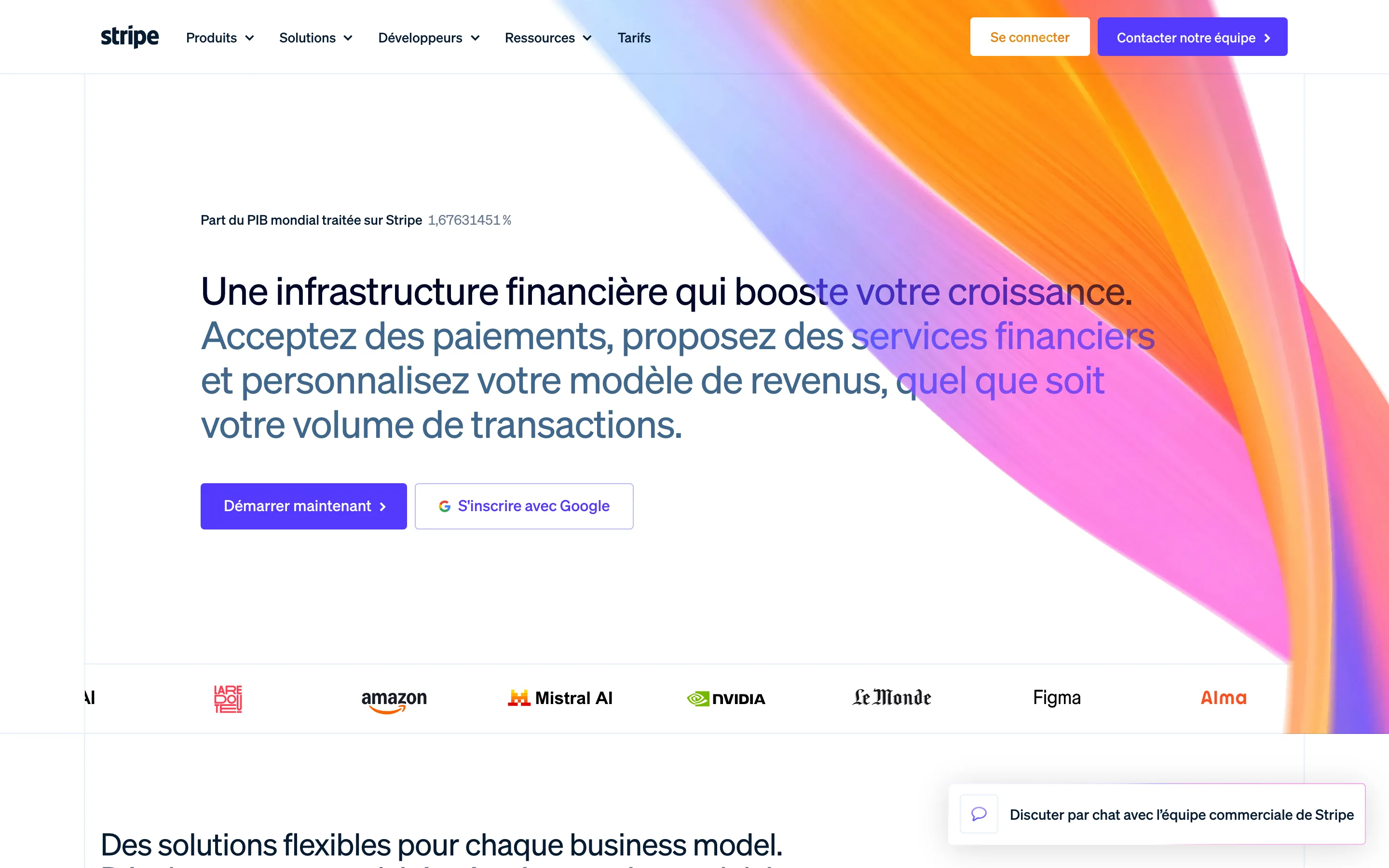 Page d'accueil française de Stripe, plateforme de paiement en ligne.