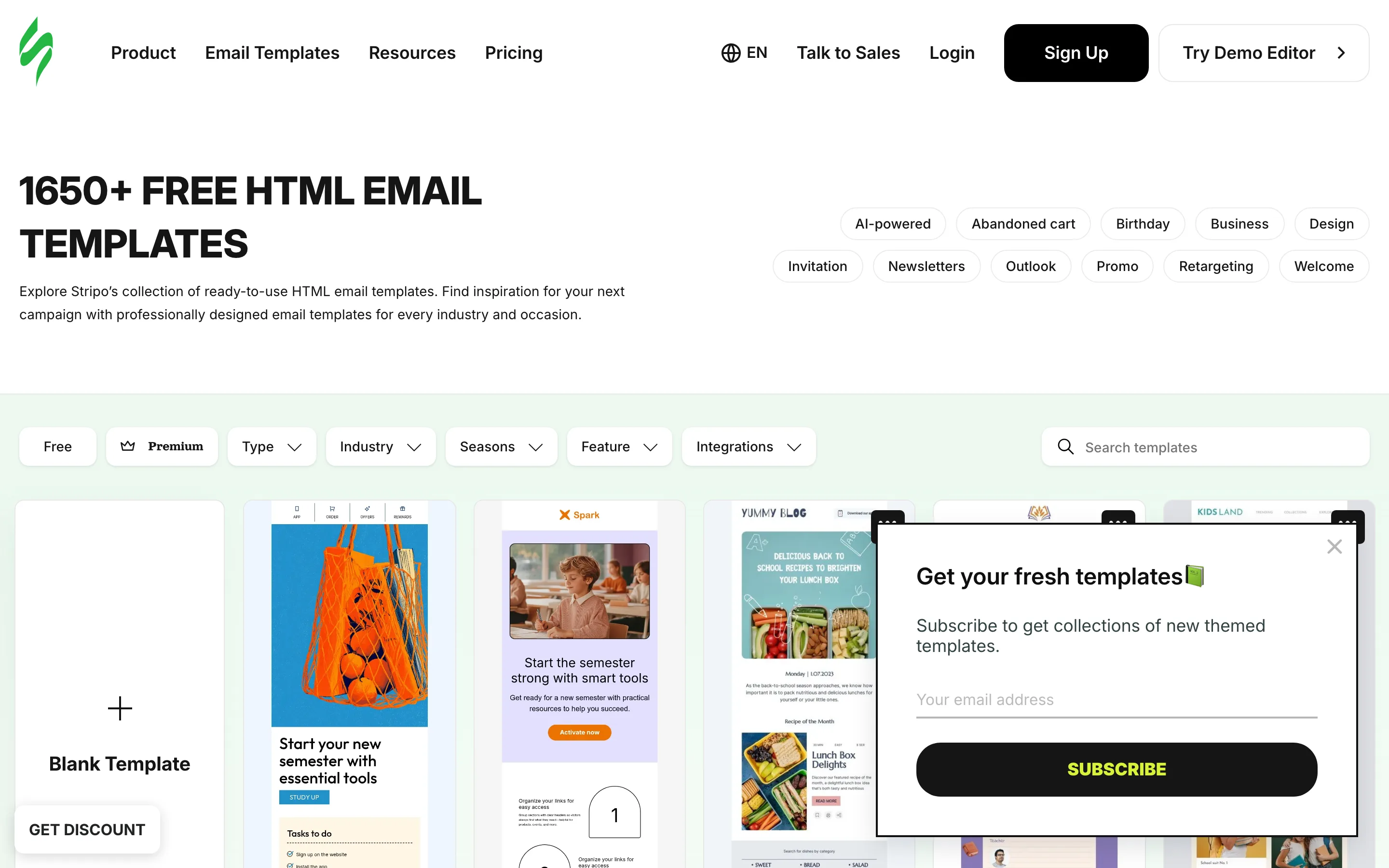 Galerie Stripo de plus de 1600 templates HTML d'emails gratuits filtrables par secteur et type