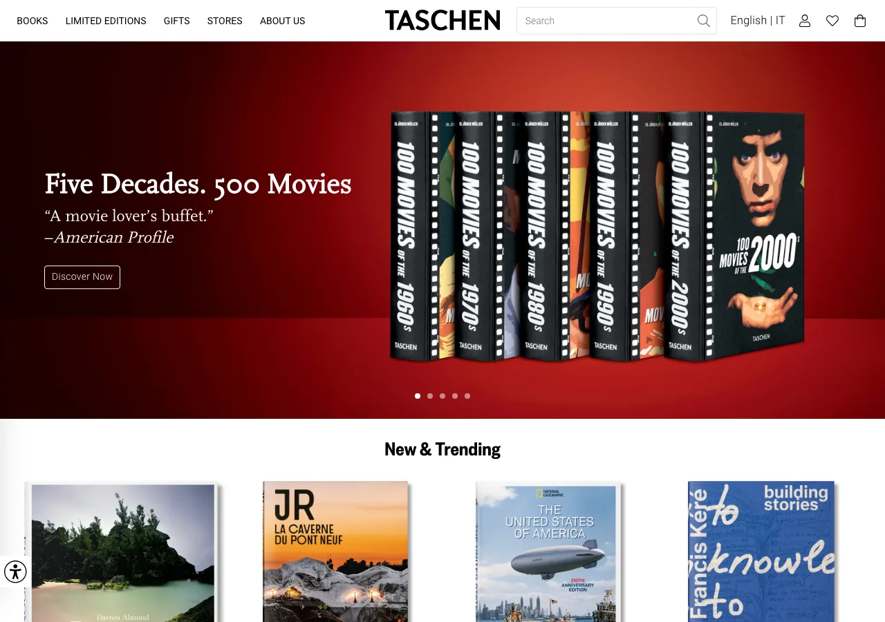 Page d'accueil de la boutique en ligne Taschen : mise en avant visuelle des coffrets de livres d'art