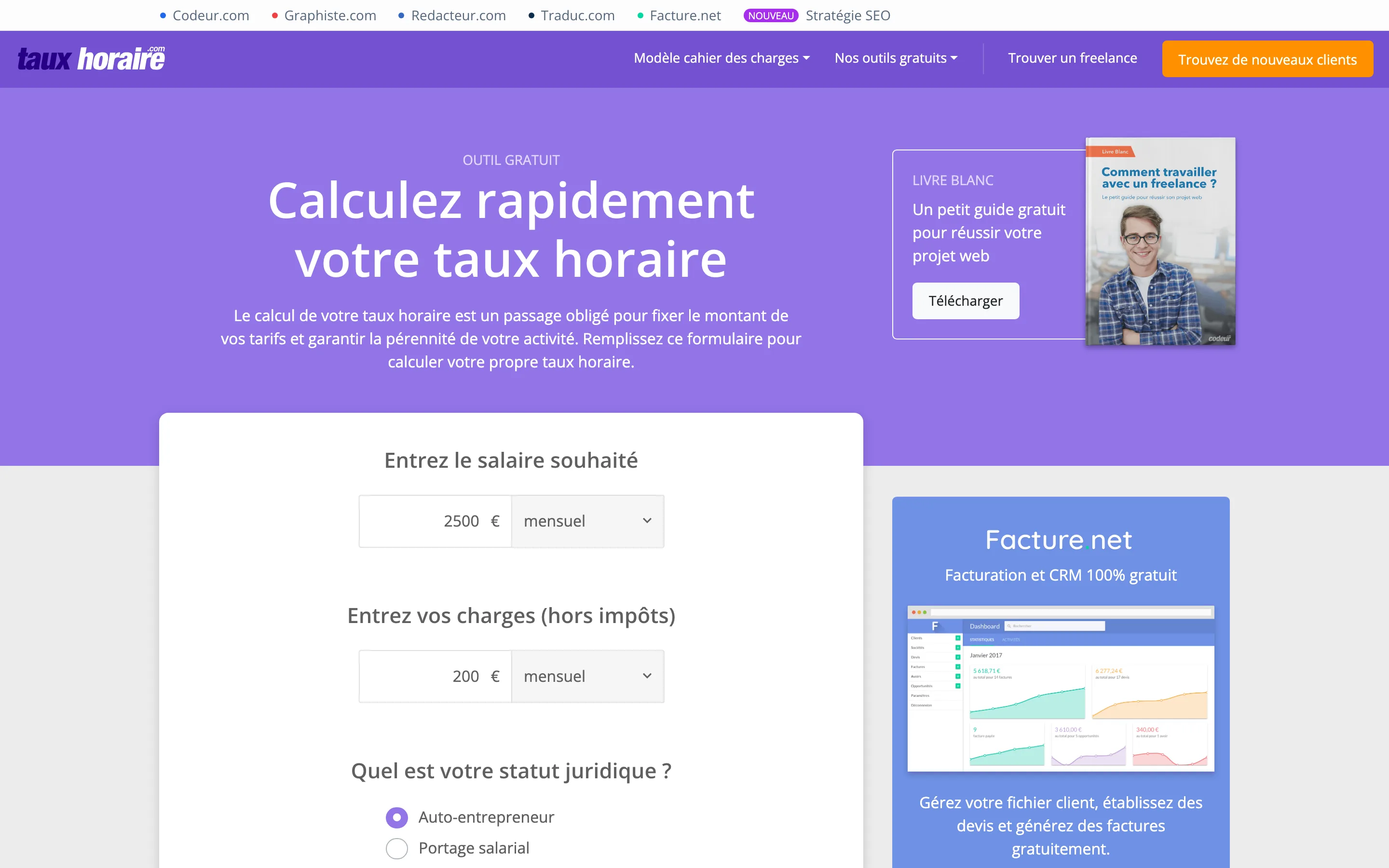 Simulateur gratuit Tauxhoraire.com pour calculer son taux horaire de freelance, relevé en juillet 2026