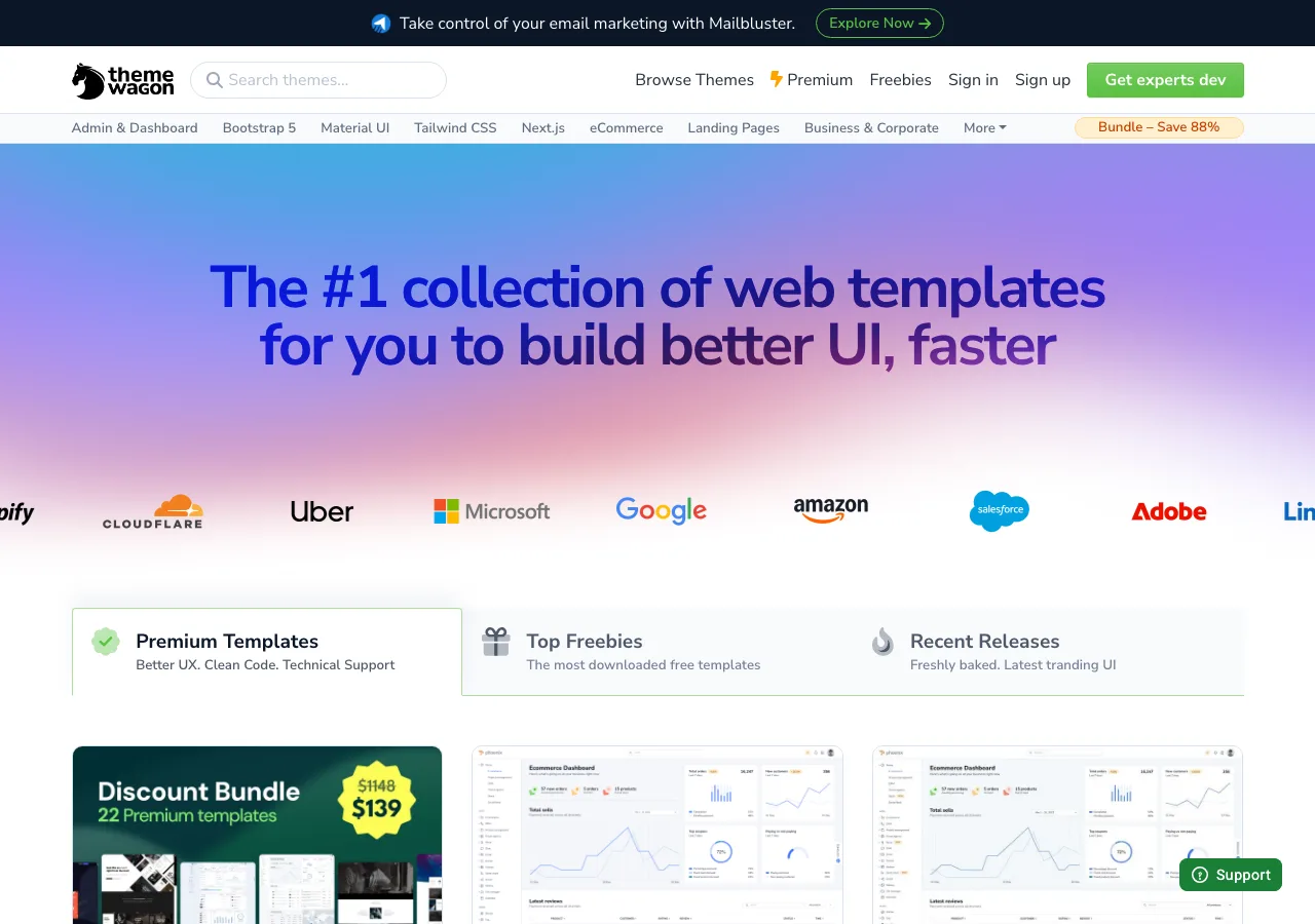 Page d'accueil de ThemeWagon, collection de templates web Bootstrap gratuits et premium