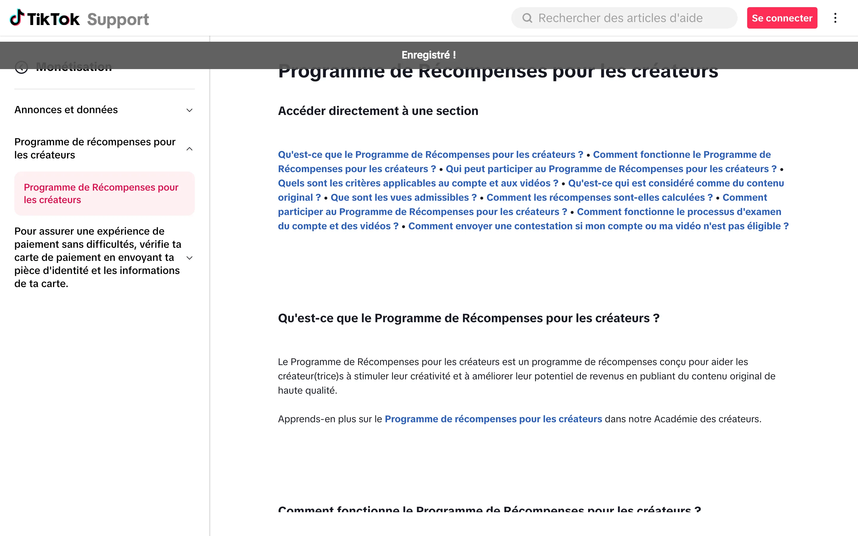 Page officielle du Creator Rewards Program de TikTok