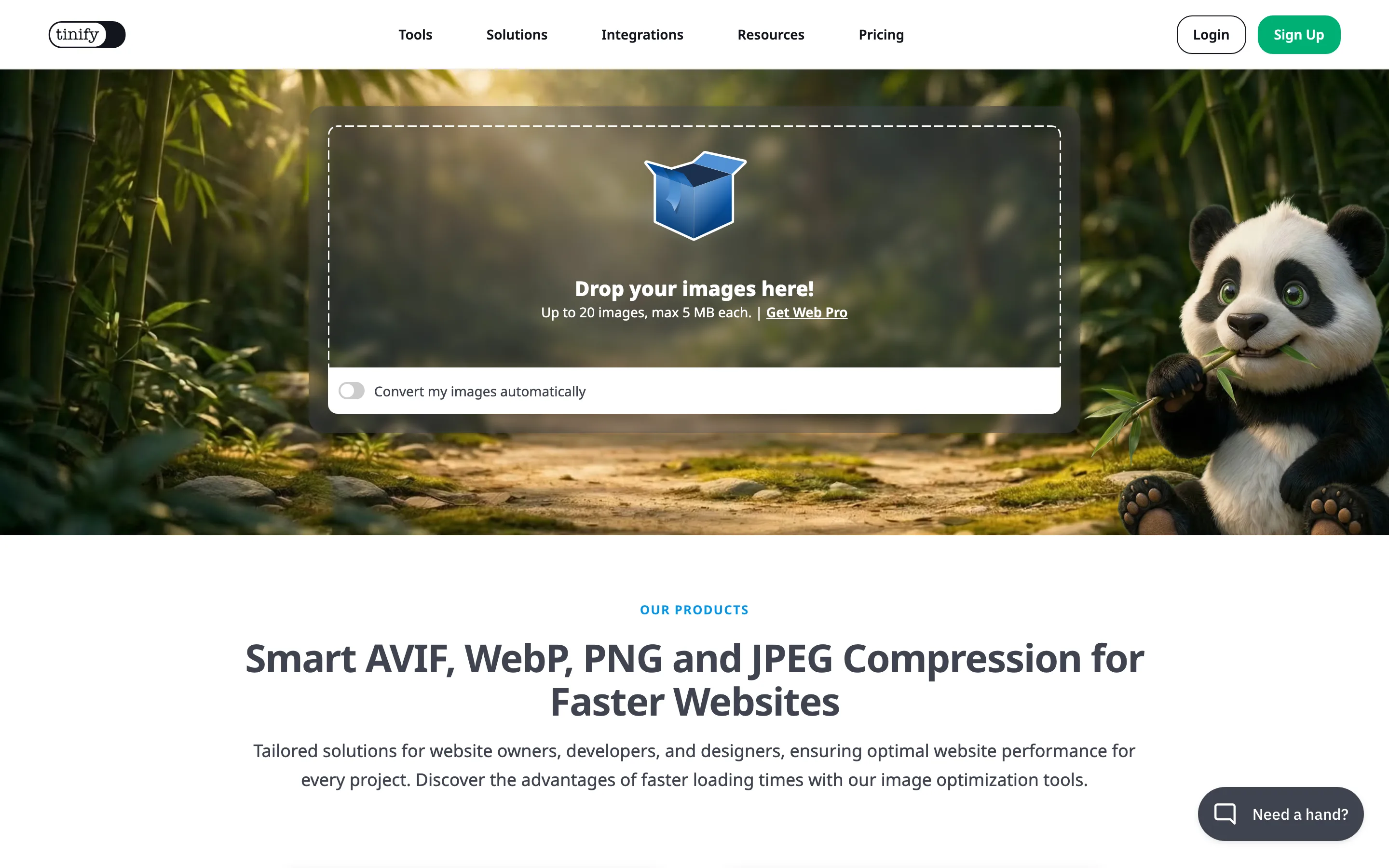 Page d'accueil de TinyPNG, compression AVIF, WebP, PNG et JPEG