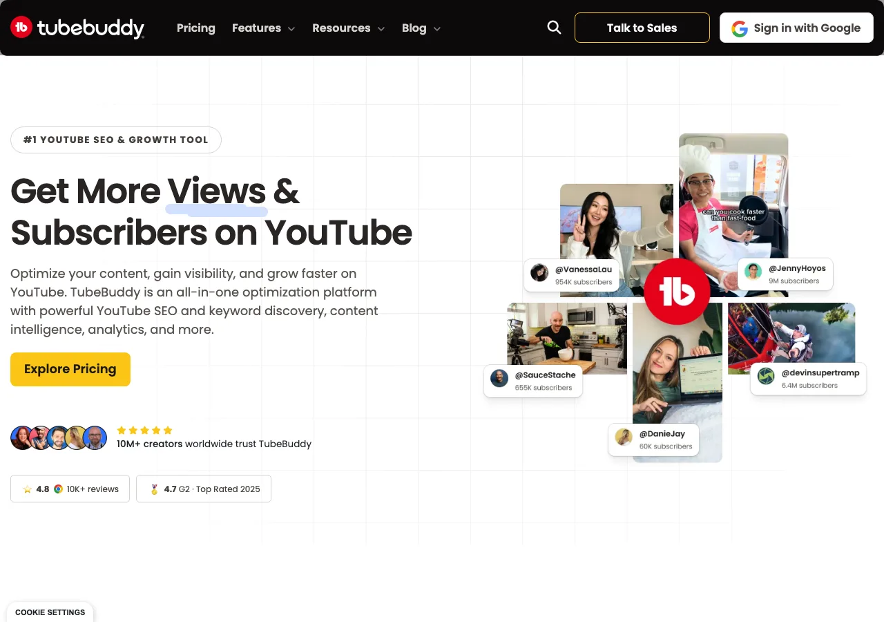 Page d'accueil de TubeBuddy, outil d'optimisation SEO pour YouTube.